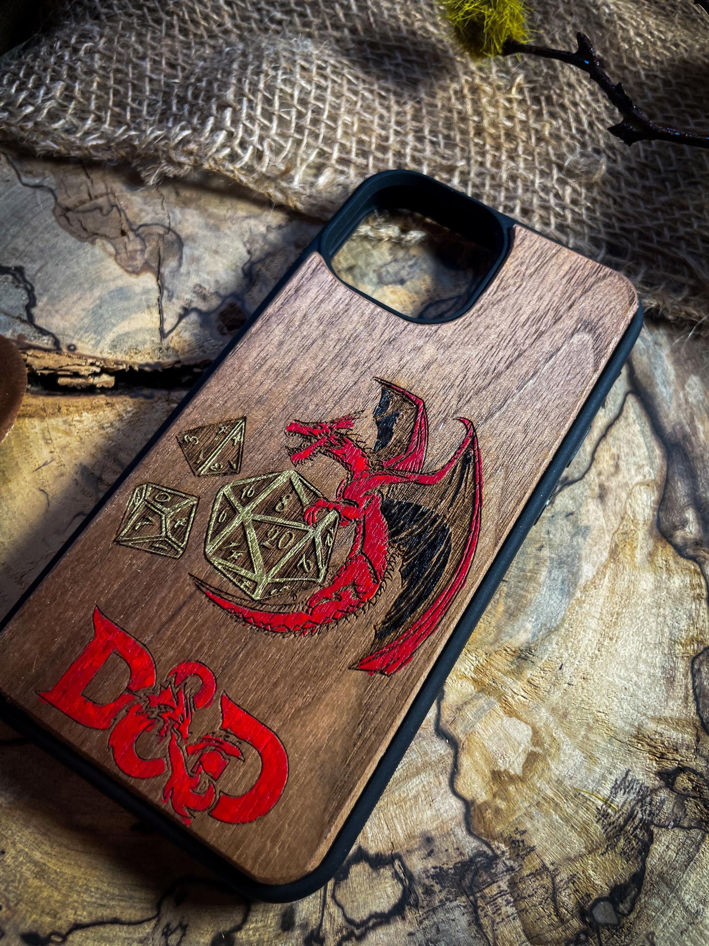 Fantasy Adventure Wood Phone Case with Red Dragon and Golden Dice for iPhone, Samsung, and Google Pixel Models