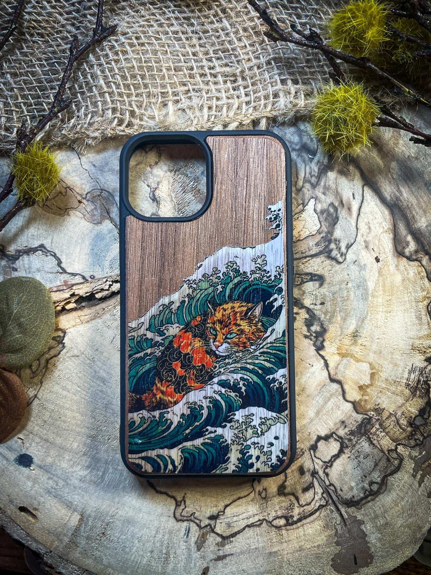 Kanagawa Orange Cat Wood Phone Case for iPhone, Samsung, and Google Pixel – Preppy & Unique Aesthetic SHOP APP