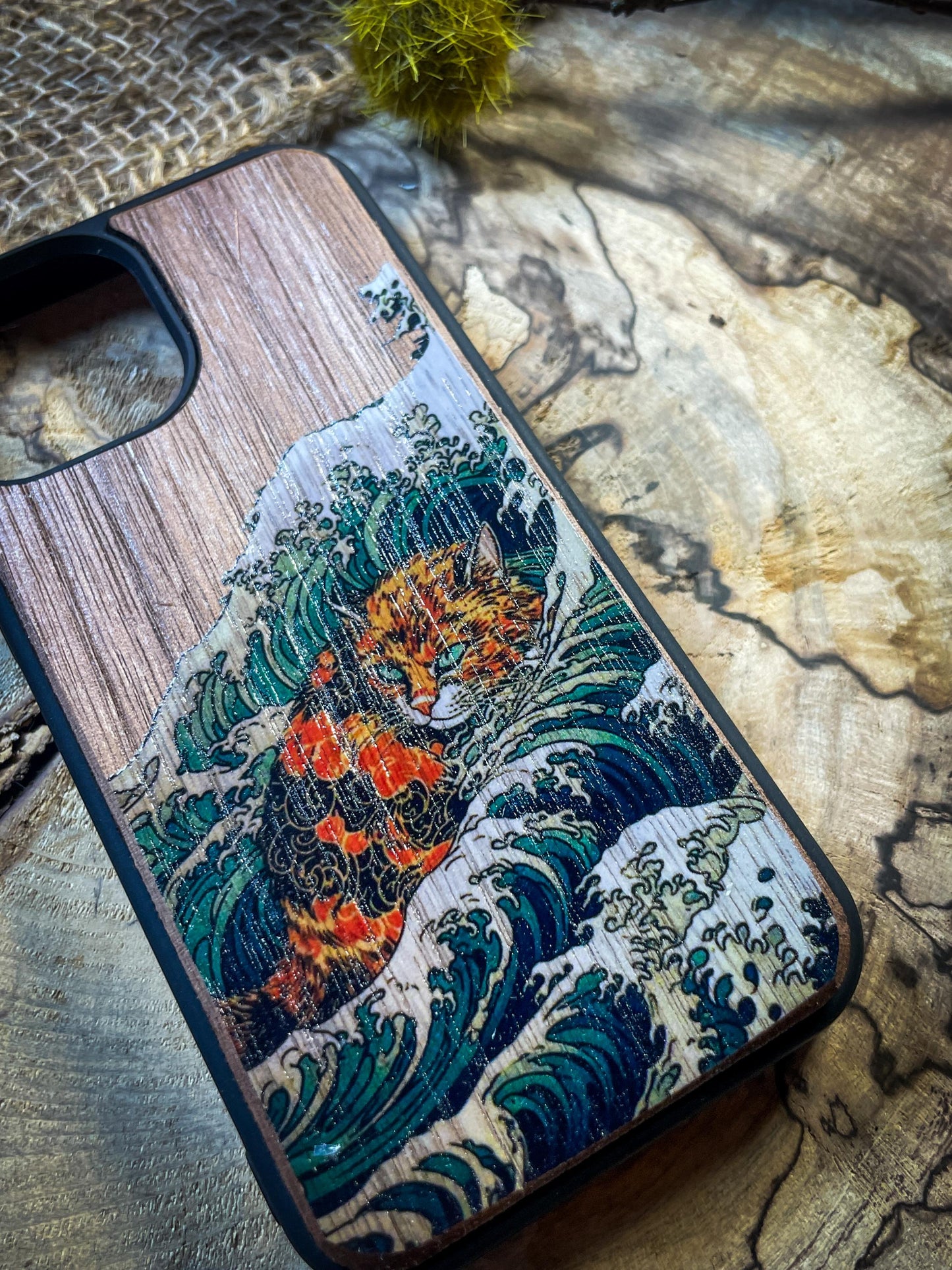 Kanagawa Orange Cat Wood Phone Case for iPhone, Samsung, and Google Pixel – Preppy & Unique Aesthetic SHOP APP