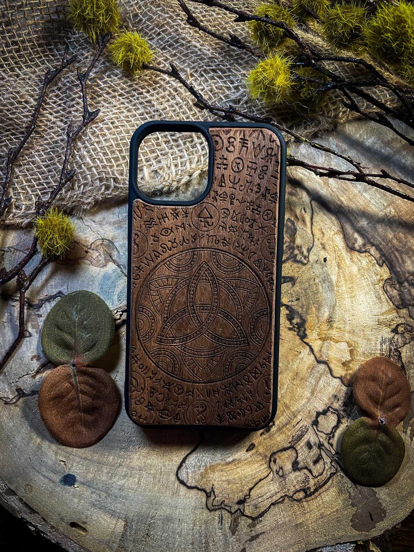 Triquetra symbolic Viking Nordic Runes Symbols Gold  Medieval mythology Vegvisir Wood Phone case for Samsung, Iphone and Google Pixel