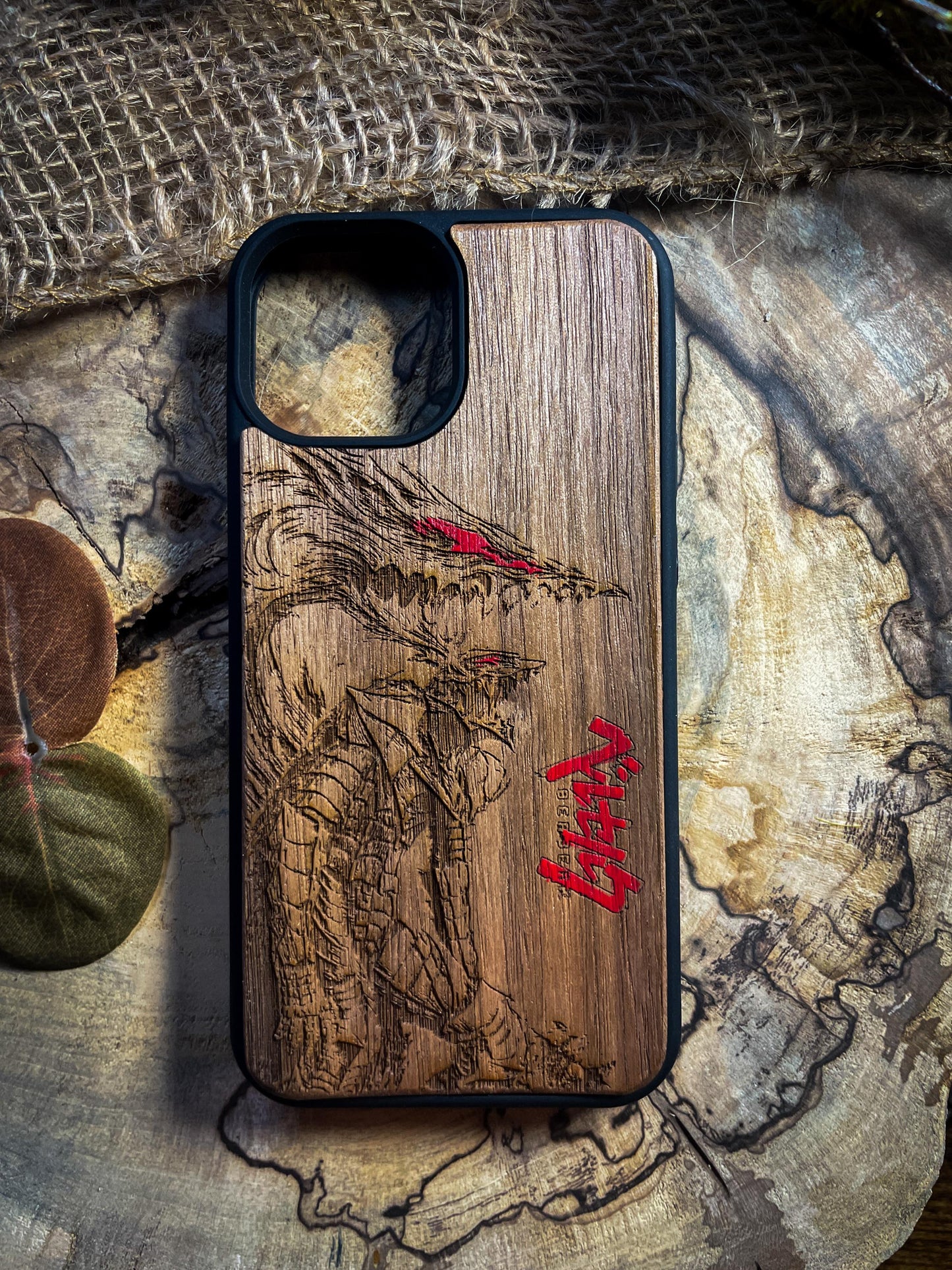 Dark Gothic Red Japanese Anime Demon Logo Wood Phone Case - Skull & Anime Inspired Design SHOP APP