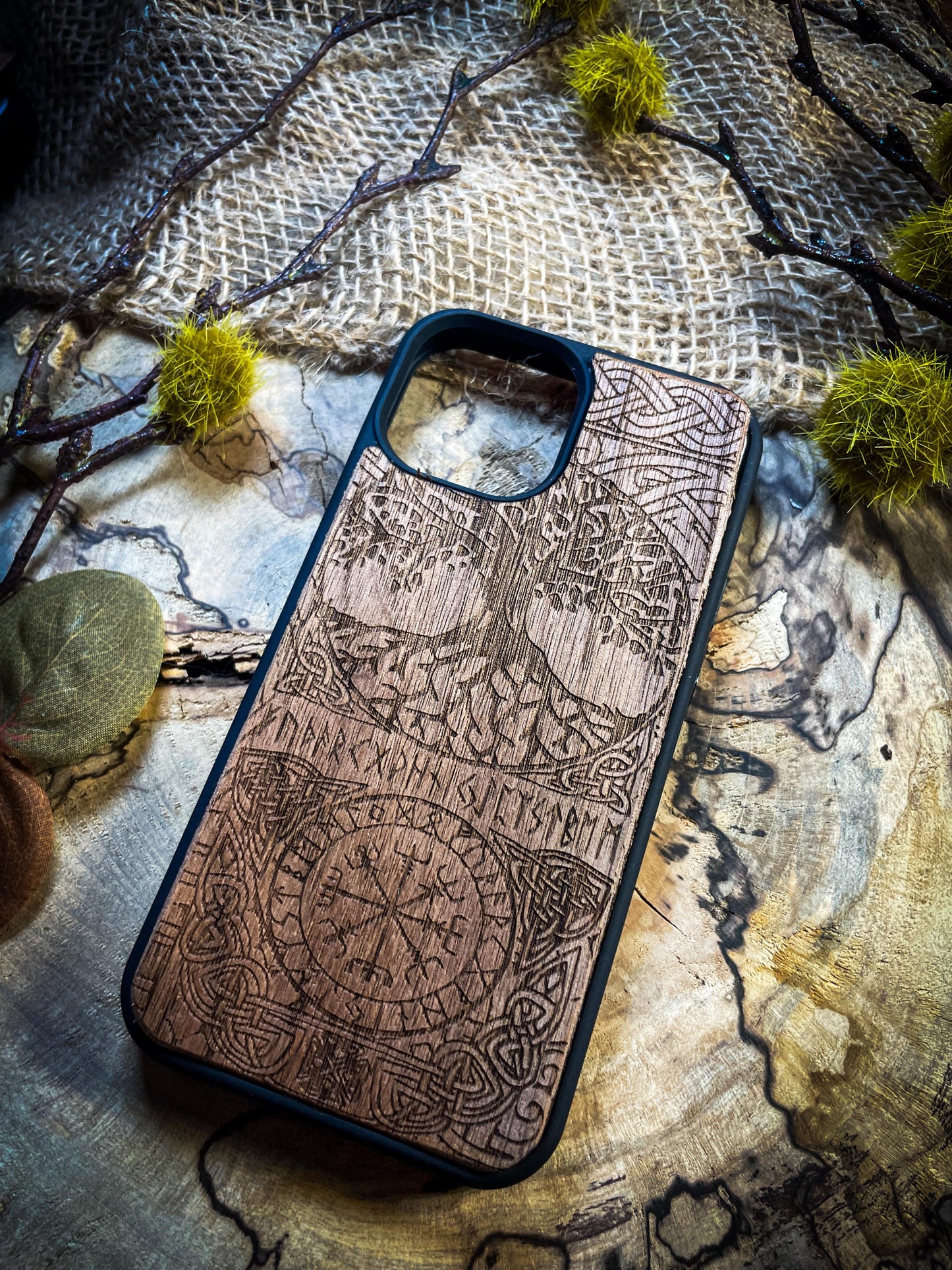 Viking Compass Tree of life  Nordic Runes Symbol  Medieval mythology Vegvisir Wood Phone case for Samsung, Iphone and Google Pixel