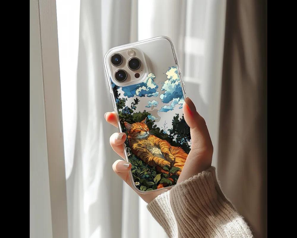 a person holding a phone case with a painting on it