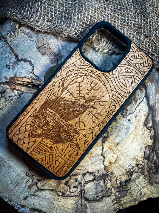 Two Ravens Viking Nordic Runes Symbols Gold Hand painted Medieval mythology Vegvisir Wood Phone case for Samsung, Iphone and Google Pixel