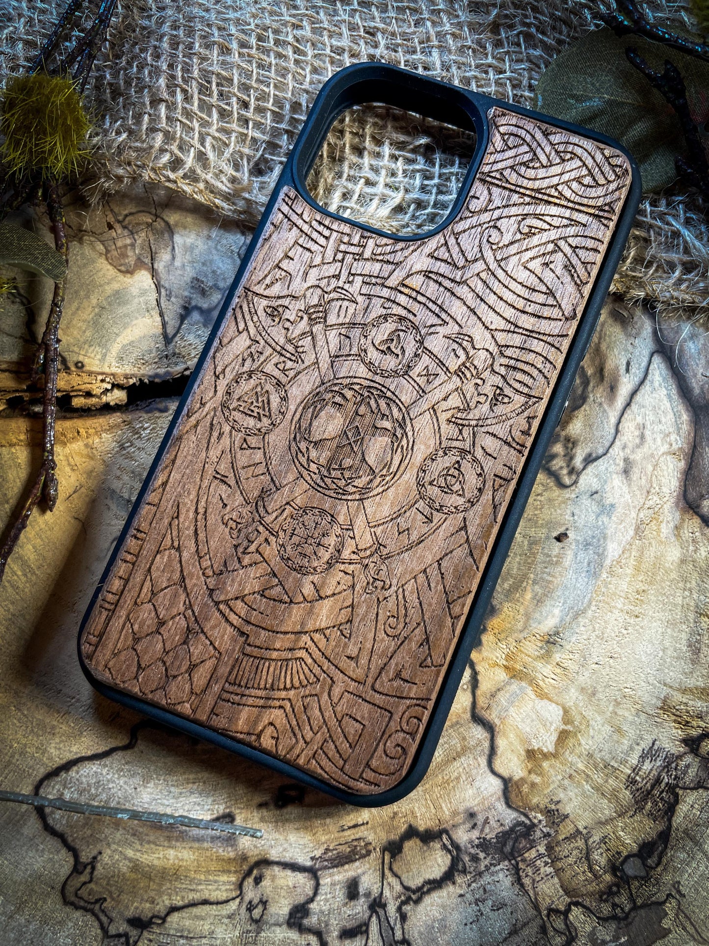 Viking Nordic Axe Runes Symbols Gold Hand painted Medieval mythology Vegvisir Wood Phone case for Samsung, Iphone and Google Pixel