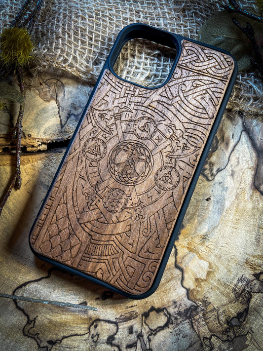 Viking Nordic Axe Runes Symbols Gold Hand painted Medieval mythology Vegvisir Wood Phone case for Samsung, Iphone and Google Pixel SHOP APP