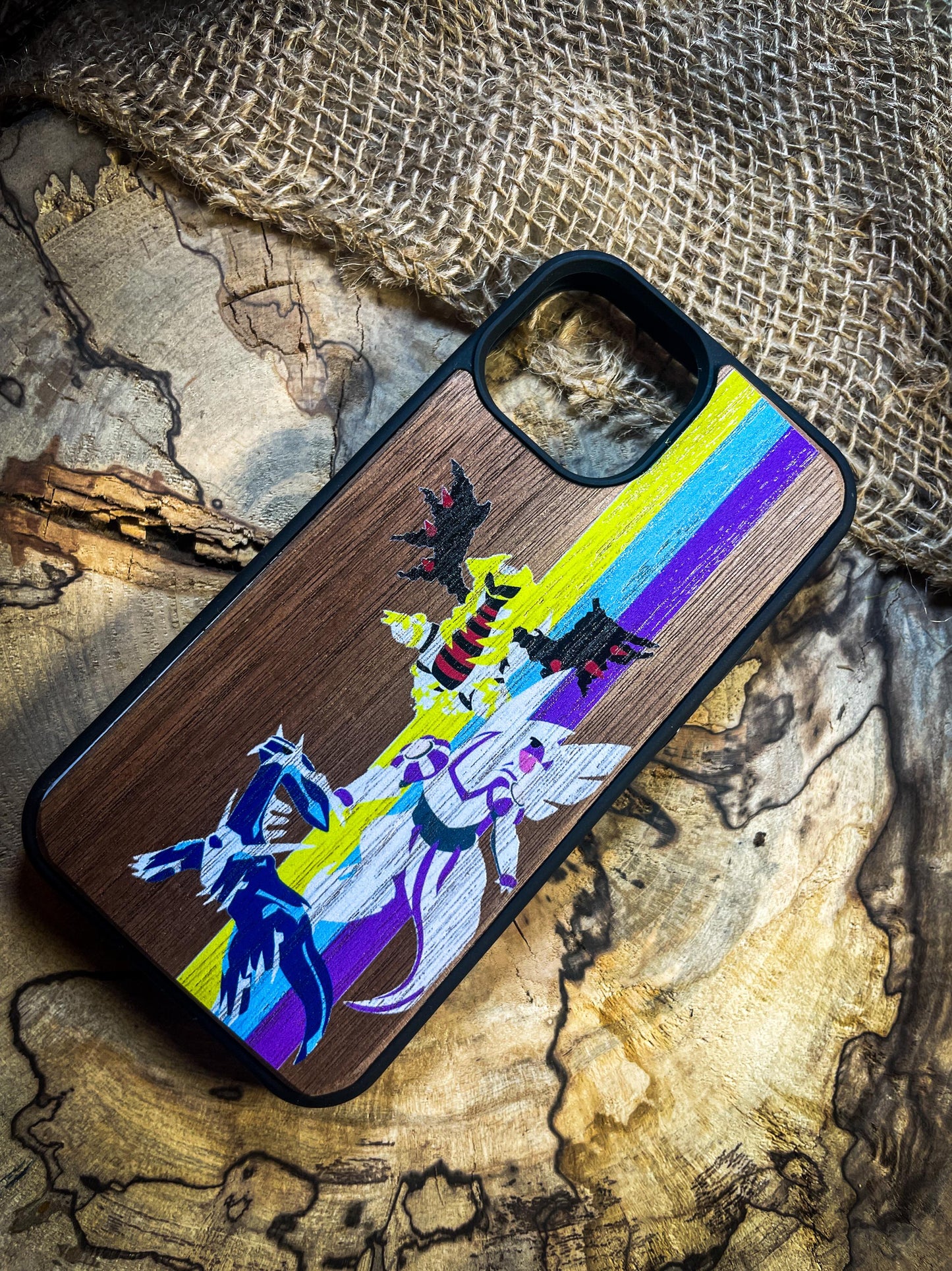 Time and Space: Wooden Phone Case Featuring Dialga, Palkia, and Giratina-Inspired Design for iphone, samsung and google pixel