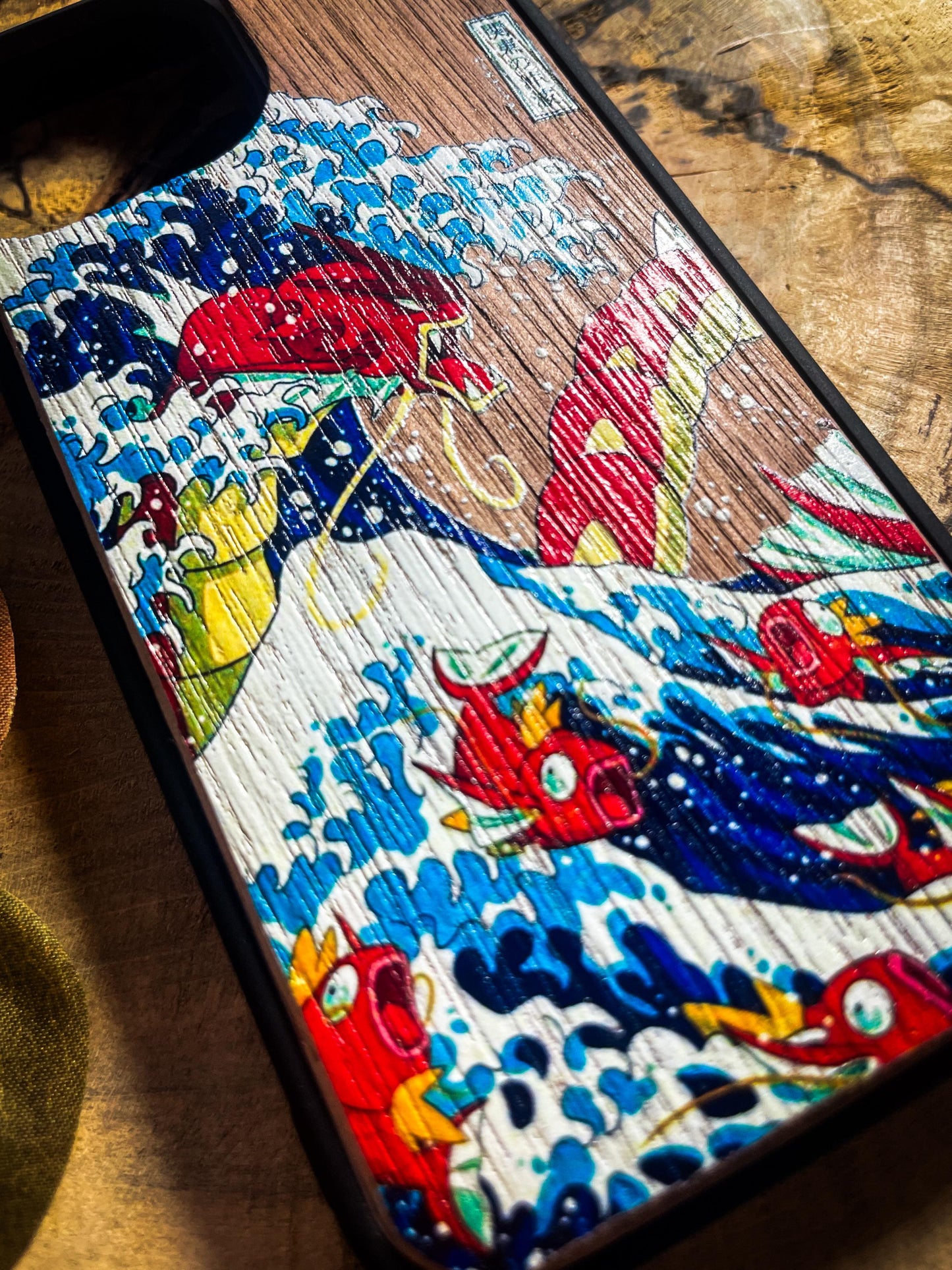 Red Shiny Majestic Dragon & Wave Wood Phone Case - Kanagawa-Inspired Japanese  Monster - iPhone 16 PRO MAX, Samsung S22 S23 S24 Google Pixel