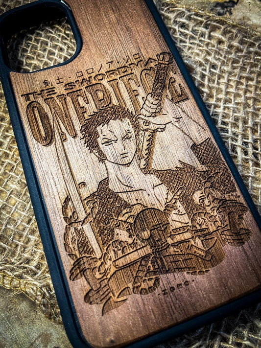 a wooden phone case with a picture of a man holding a sword