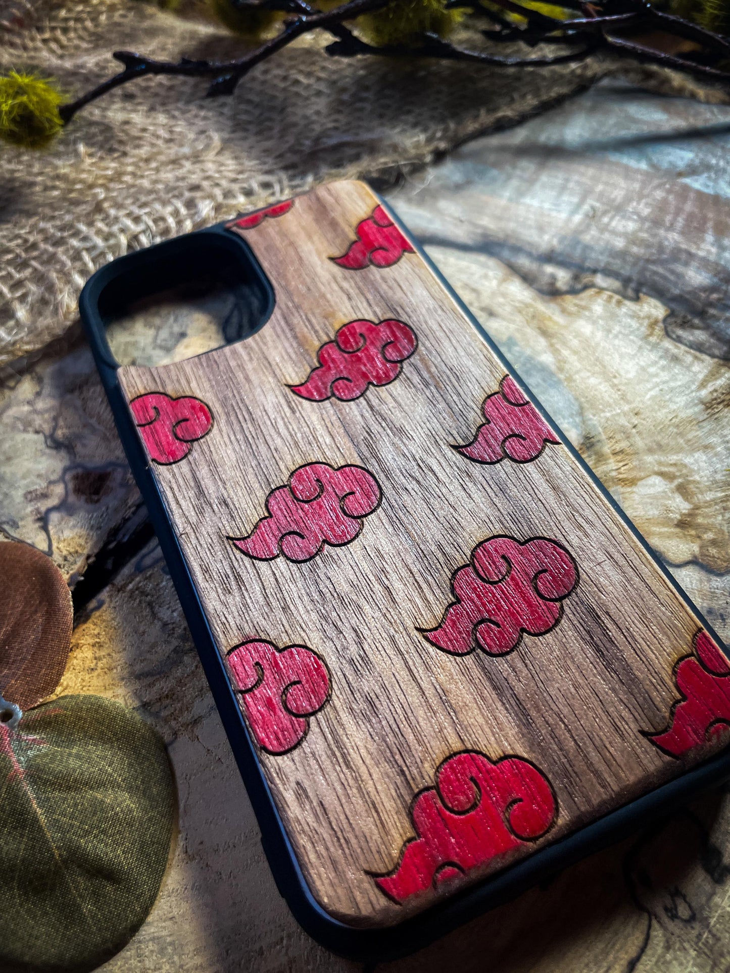 Red Clouds Ninja Anime Samurai Japanese Manga wood phone case fo iphone samsung and google pixel SHOP APP