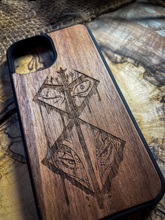 Dark Gothic Red Japanese Anime Demon Logo Wood Phone Case - Skull & Anime Inspired Design