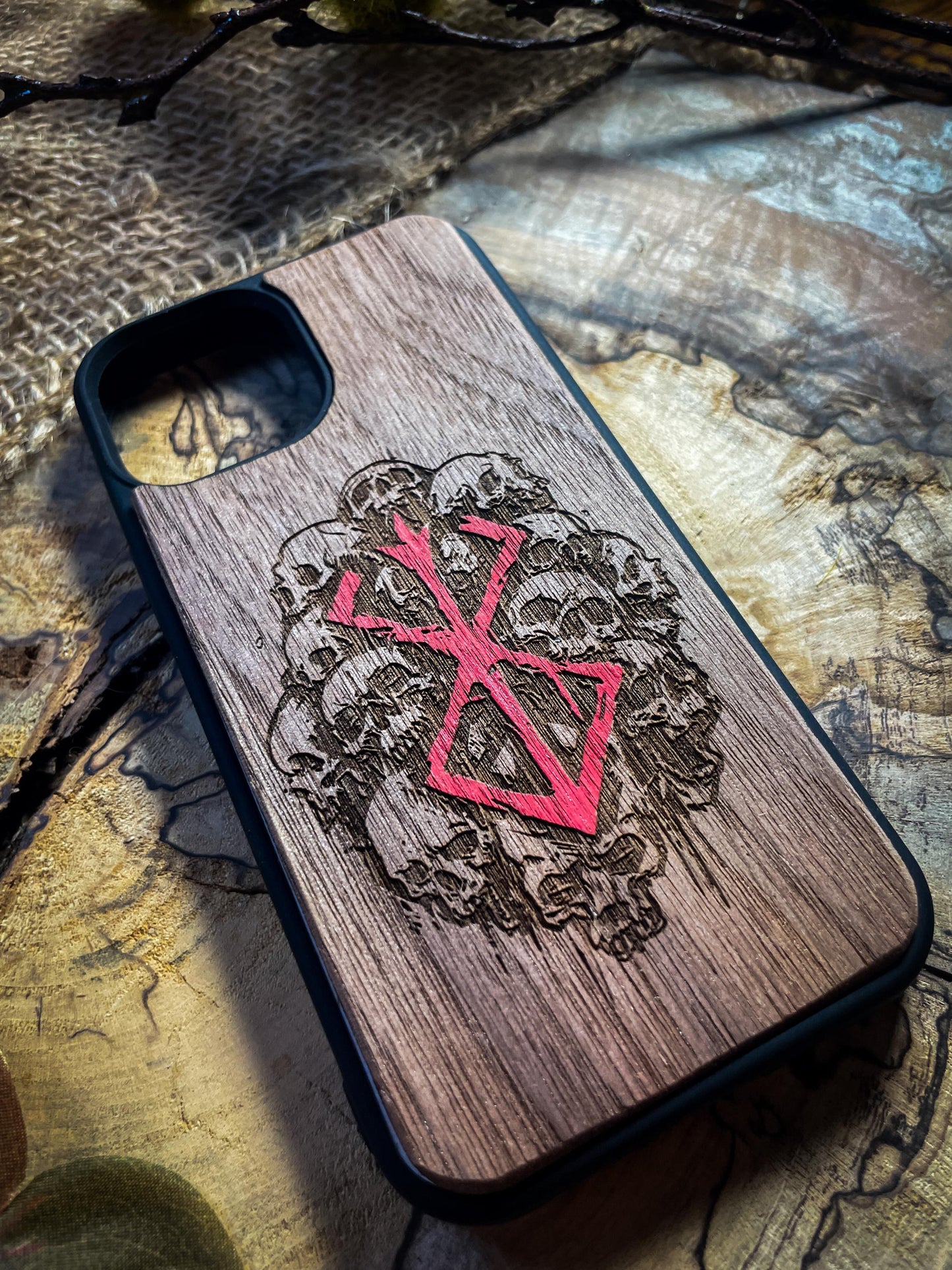 Dark Gothic Red Japanese Anime Demon Logo Wood Phone Case - Skull & Anime Inspired Design SHOP APP