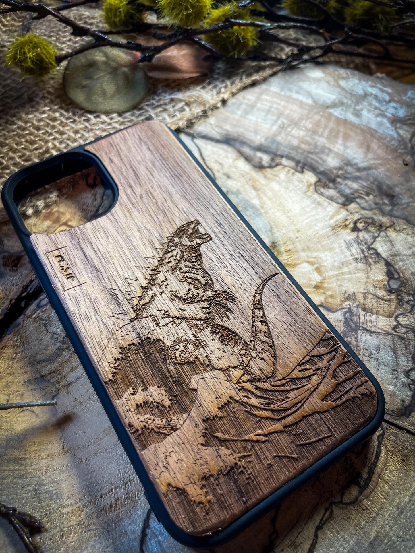 Epic Kaiju Japanese Monster Dinosaur Sea Monster Wood phone case for Iphone ,Samsung and Google pixel SHOP APP