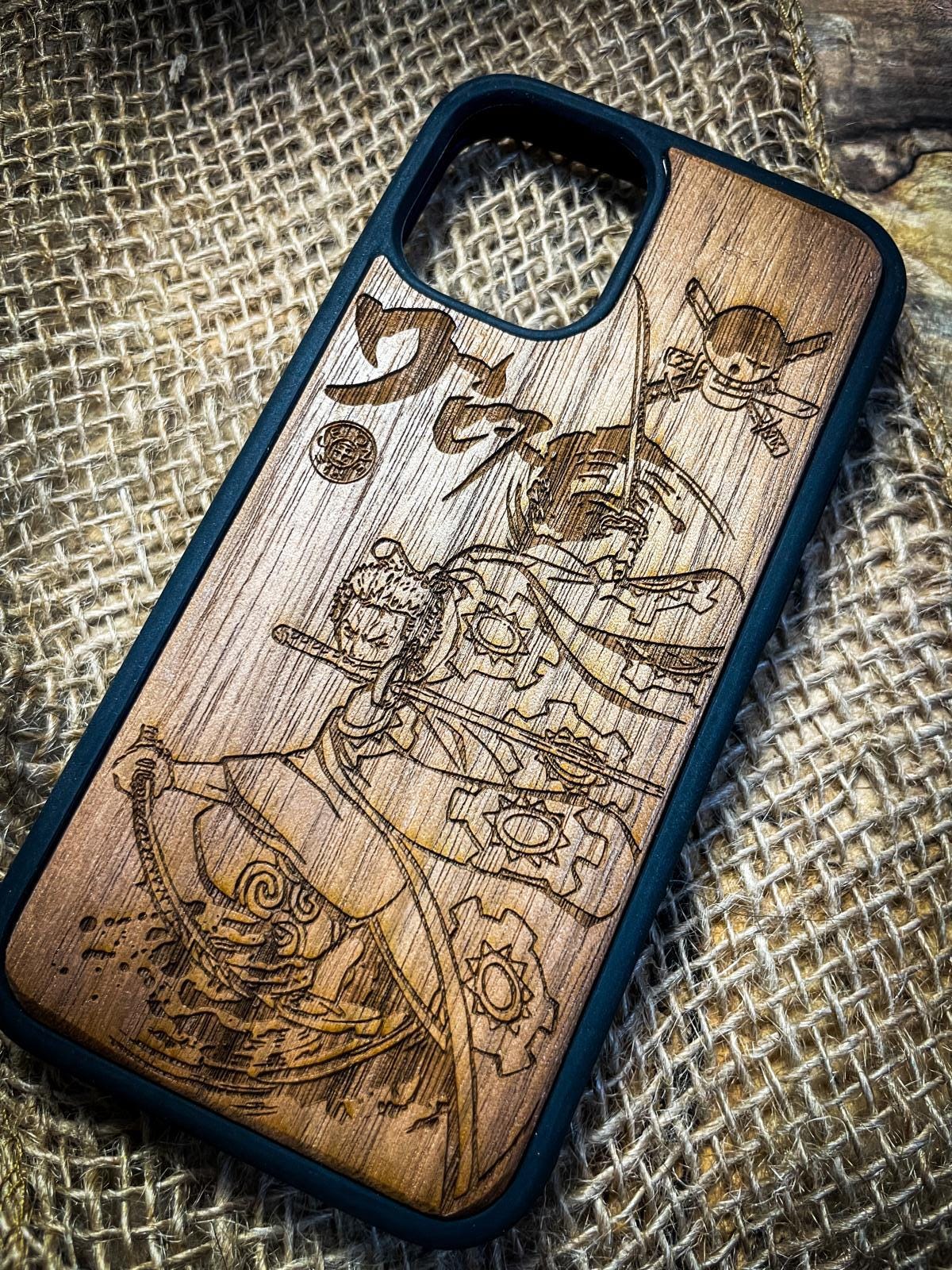 a wooden phone case with a drawing on it