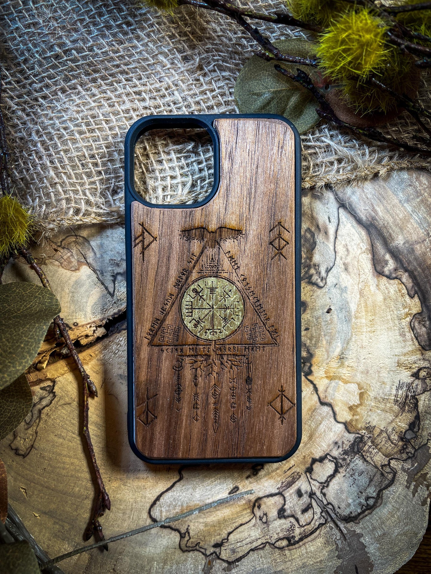 Viking Nordic Runes Symbols Gold Hand painted Medieval mythology Vegvisir Wood Phone case for Samsung, Iphone and Google Pixel