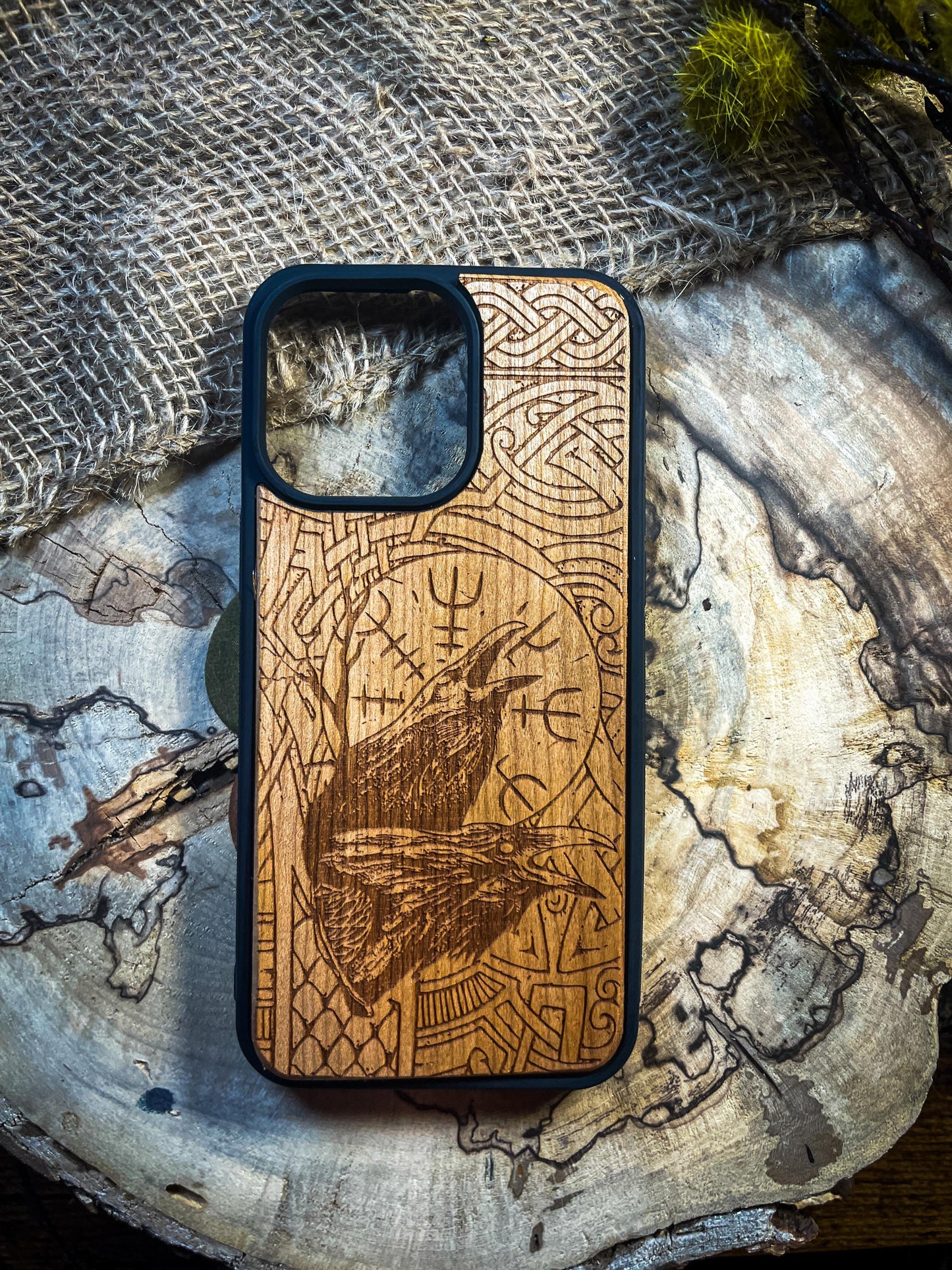 Two Ravens Viking Nordic Runes Symbols Gold Hand painted Medieval mythology Vegvisir Wood Phone case for Samsung, Iphone and Google Pixel