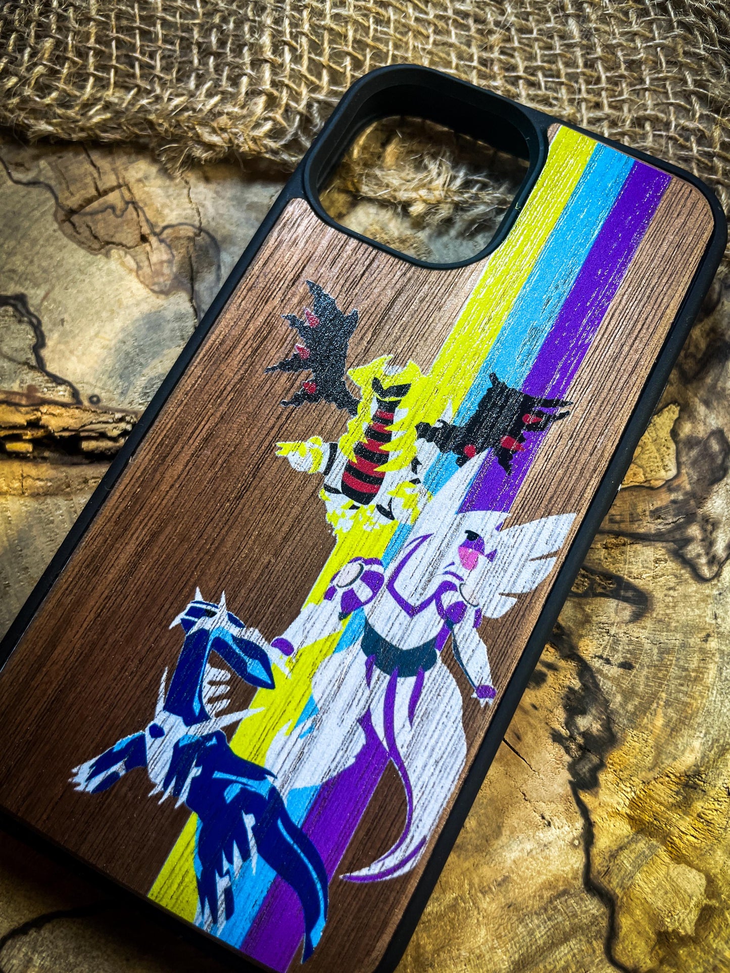 Time and Space: Wooden Phone Case Featuring Dialga, Palkia, and Giratina-Inspired Design for iphone, samsung and google pixel