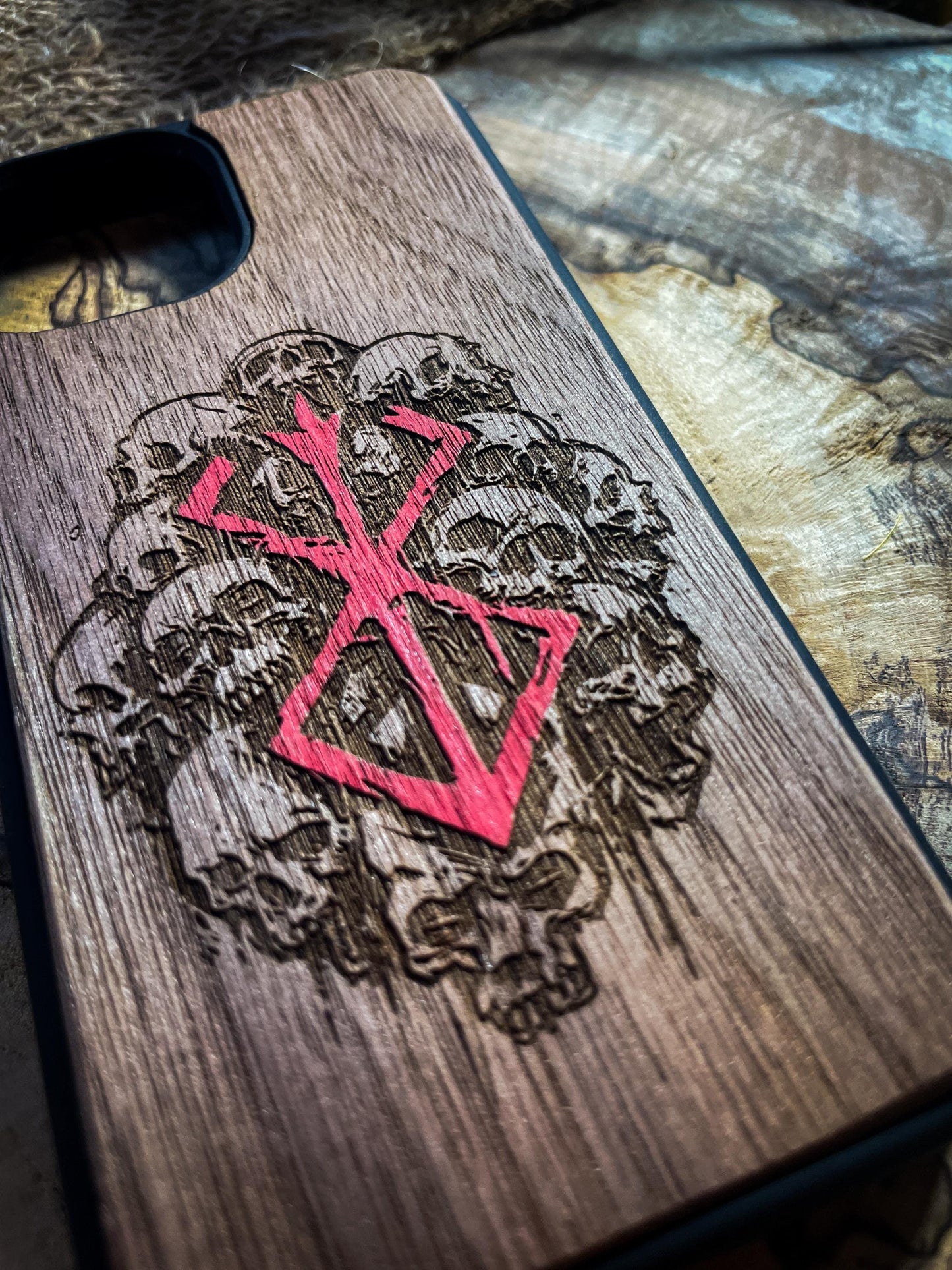 Dark Gothic Red Japanese Anime Demon Logo Wood Phone Case - Skull & Anime Inspired Design SHOP APP