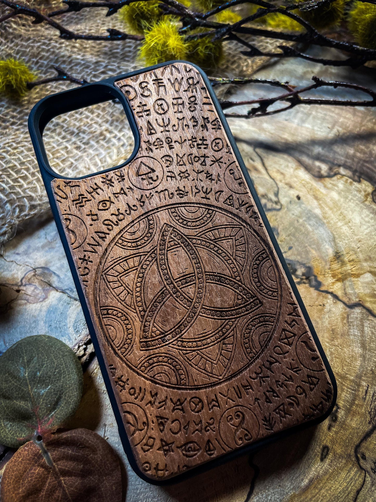 Triquetra symbolic Viking Nordic Runes Symbols Gold  Medieval mythology Vegvisir Wood Phone case for Samsung, Iphone and Google Pixel SHOP APP