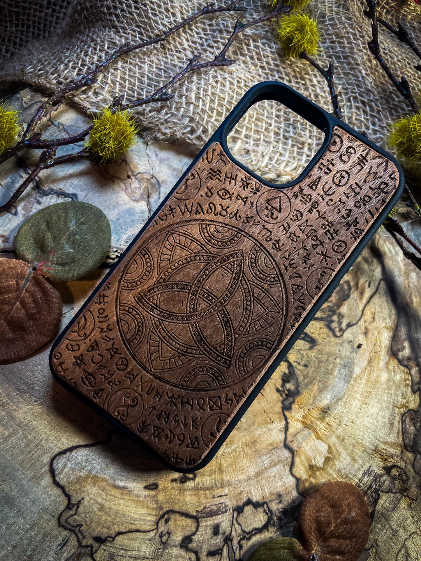 Triquetra symbolic Viking Nordic Runes Symbols Gold  Medieval mythology Vegvisir Wood Phone case for Samsung, Iphone and Google Pixel SHOP APP