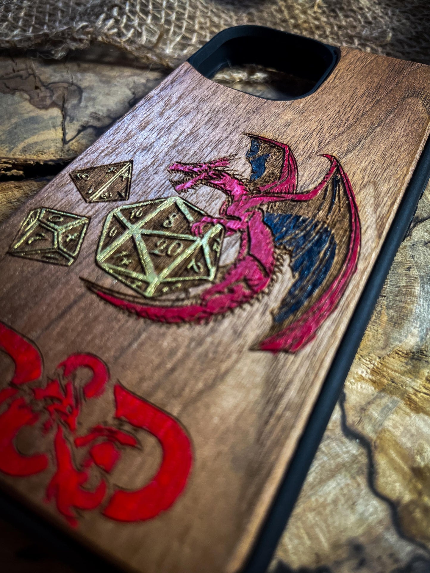 Fantasy Adventure Wood Phone Case with Red Dragon and Golden Dice for iPhone, Samsung, and Google Pixel Models