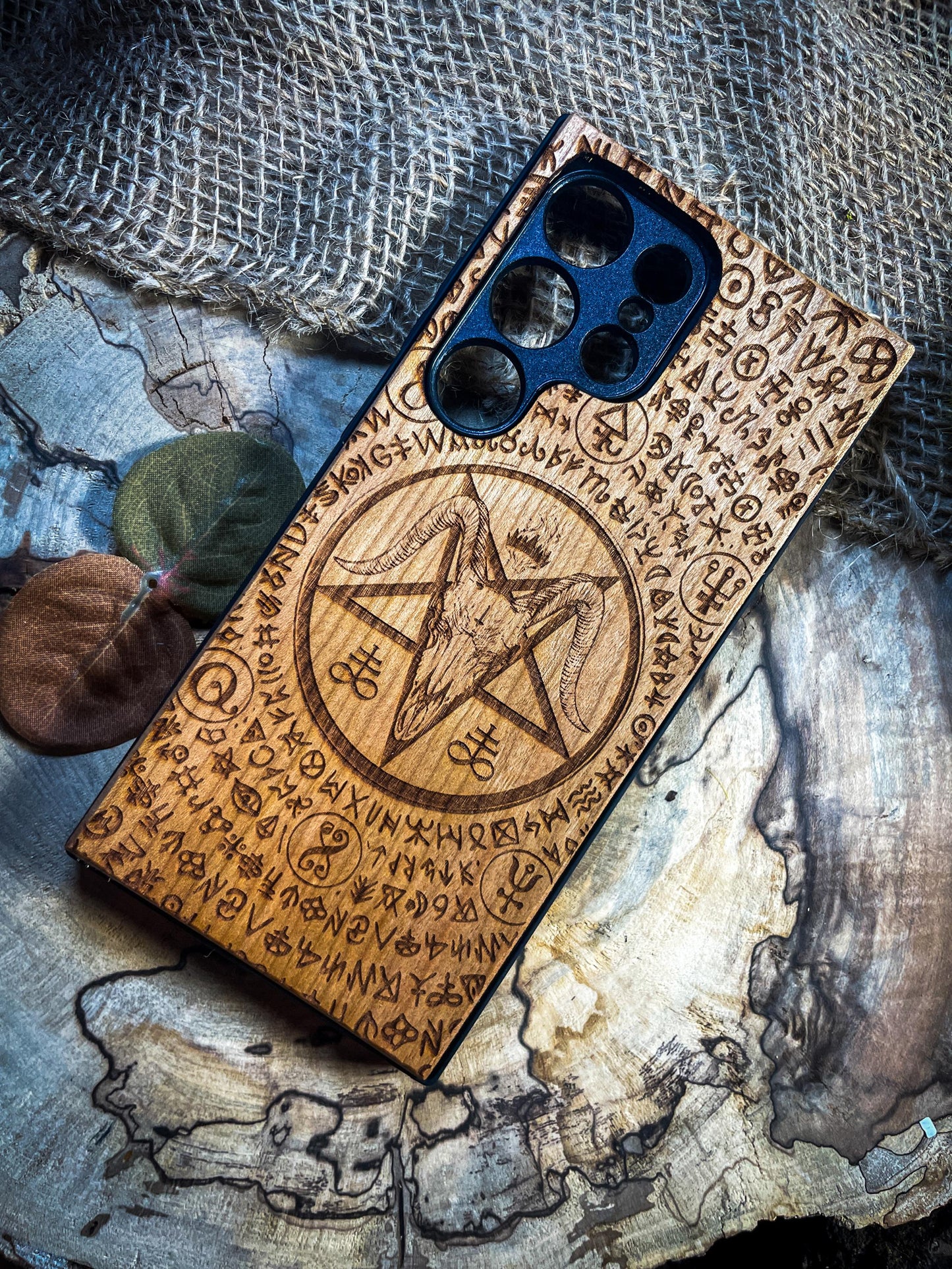 Baphomet Gothic Dark Goat Demon Wood Phone Case - Unique Artisan Design for iPhone, Samsung, and Google Pixel