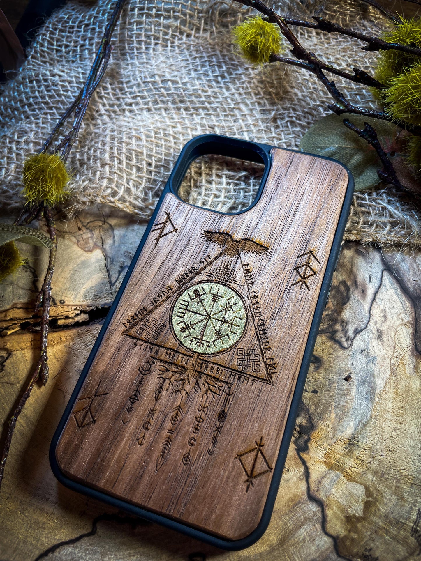 Viking Nordic Runes Symbols Gold Hand painted Medieval mythology Vegvisir Wood Phone case for Samsung, Iphone and Google Pixel SHOP APP