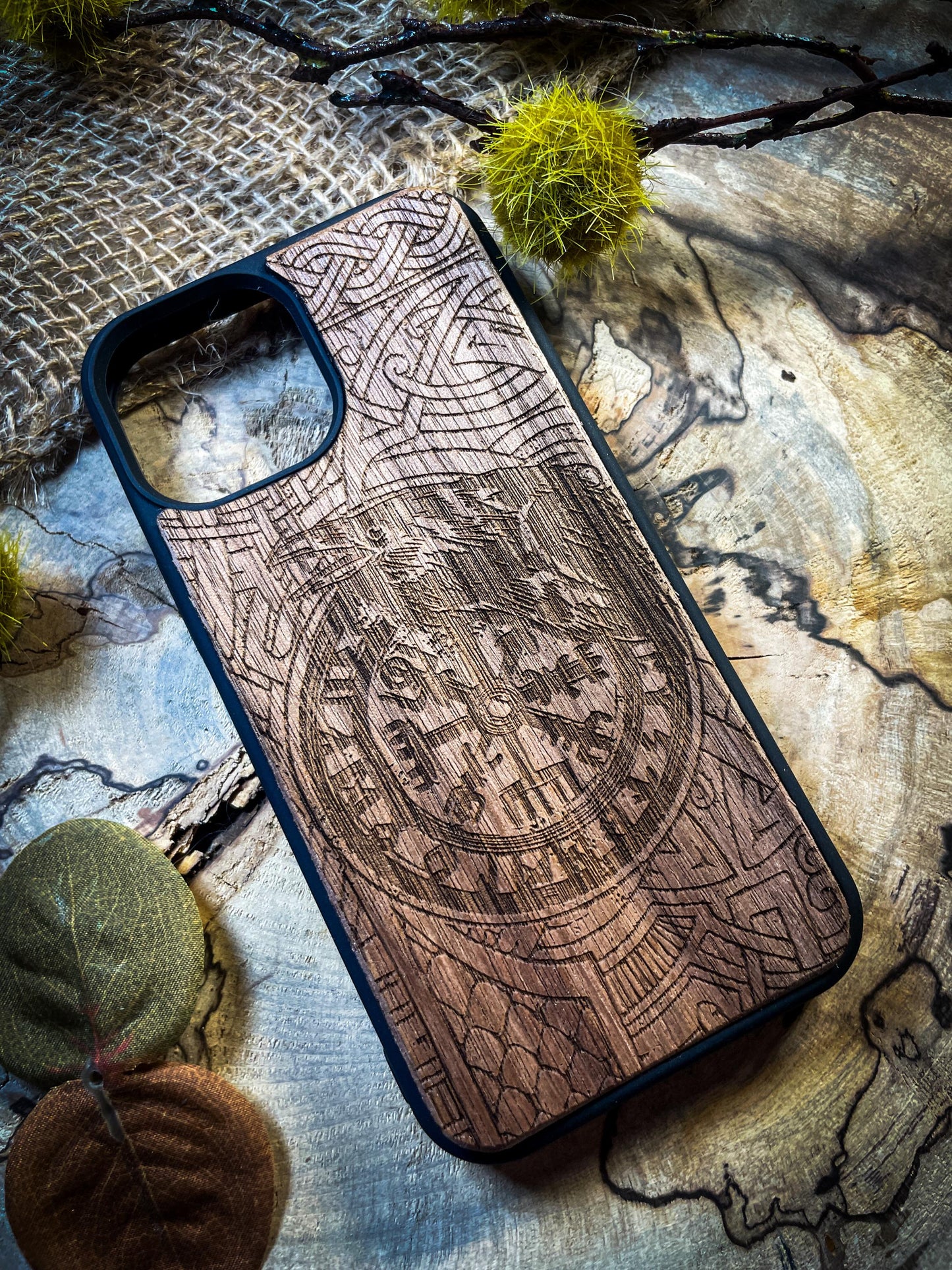 Raven Viking Nordic Runes Symbols Gold Hand painted Medieval mythology Vegvisir Wood Phone case for Samsung, Iphone and Google Pixel