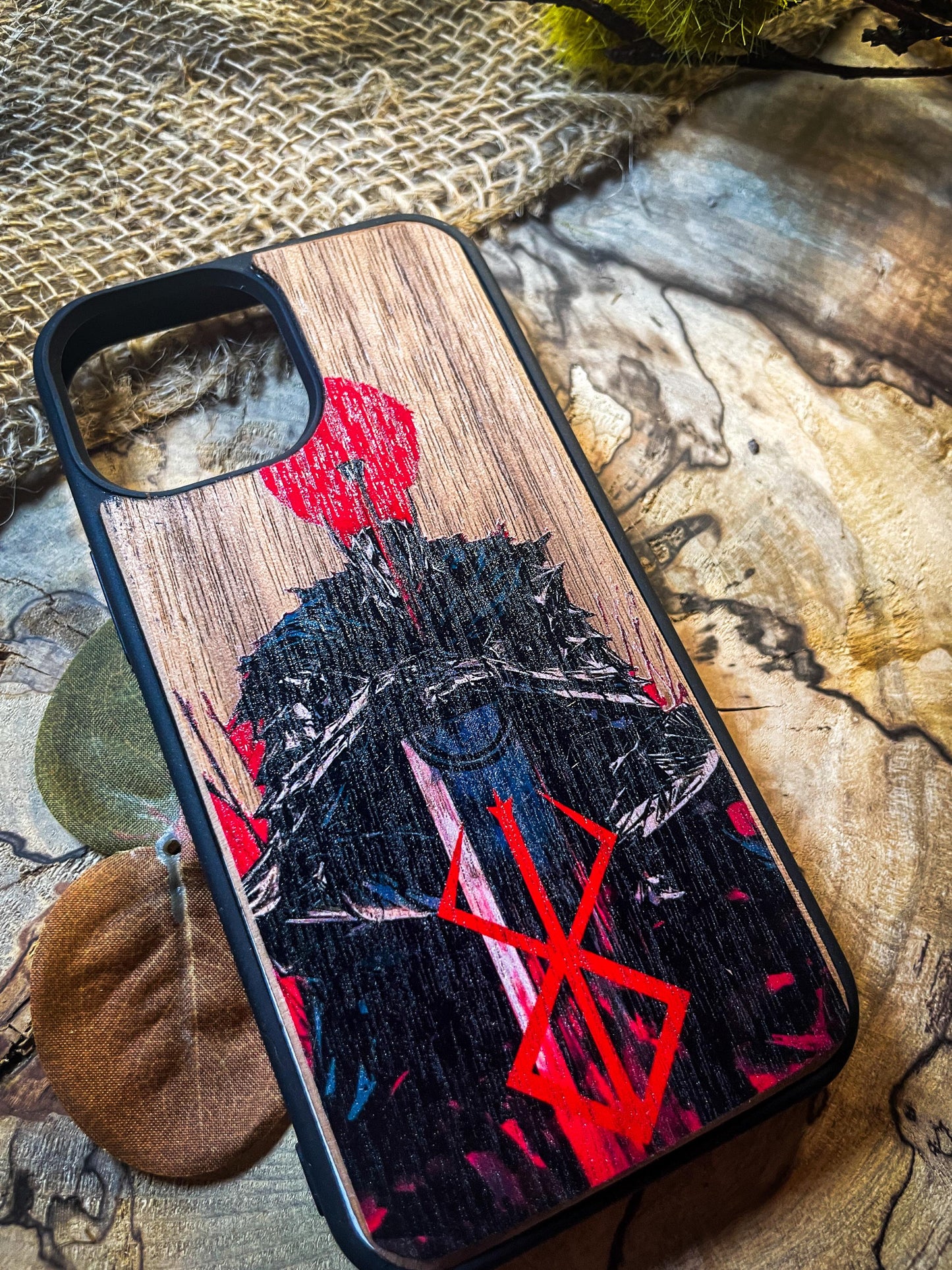 Dark Gothic Red Japanese Anime Demon Logo Wood Phone Case - Skull & Anime Inspired Design