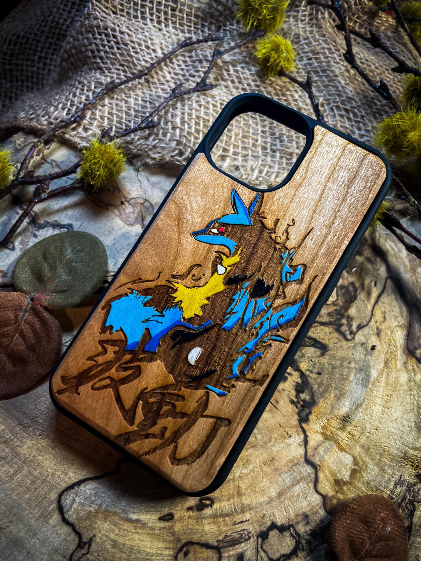 Japanese Art cute anime cartoon blue monster wolf Wood Phone Case - Unique Legendary -Inspired Design for iPhone 16, Google Pixel, and More SHOP APP