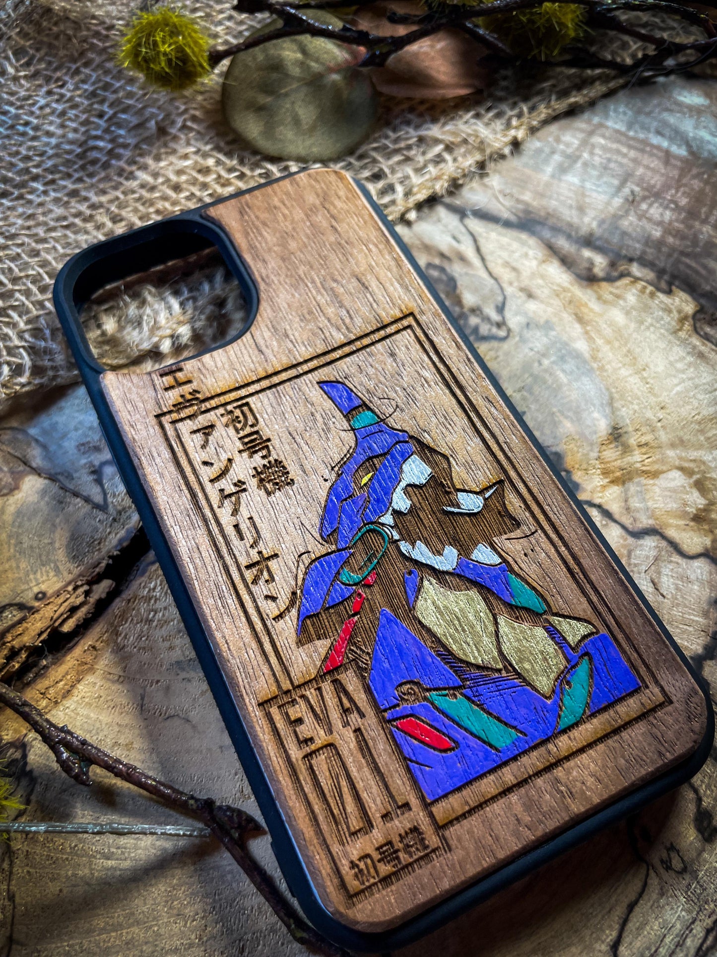 EVA 01 Wood Phone Case Featuring a Futuristic Mech Design - Unique and Stylish for iPhone 16, Google Pixel, and More