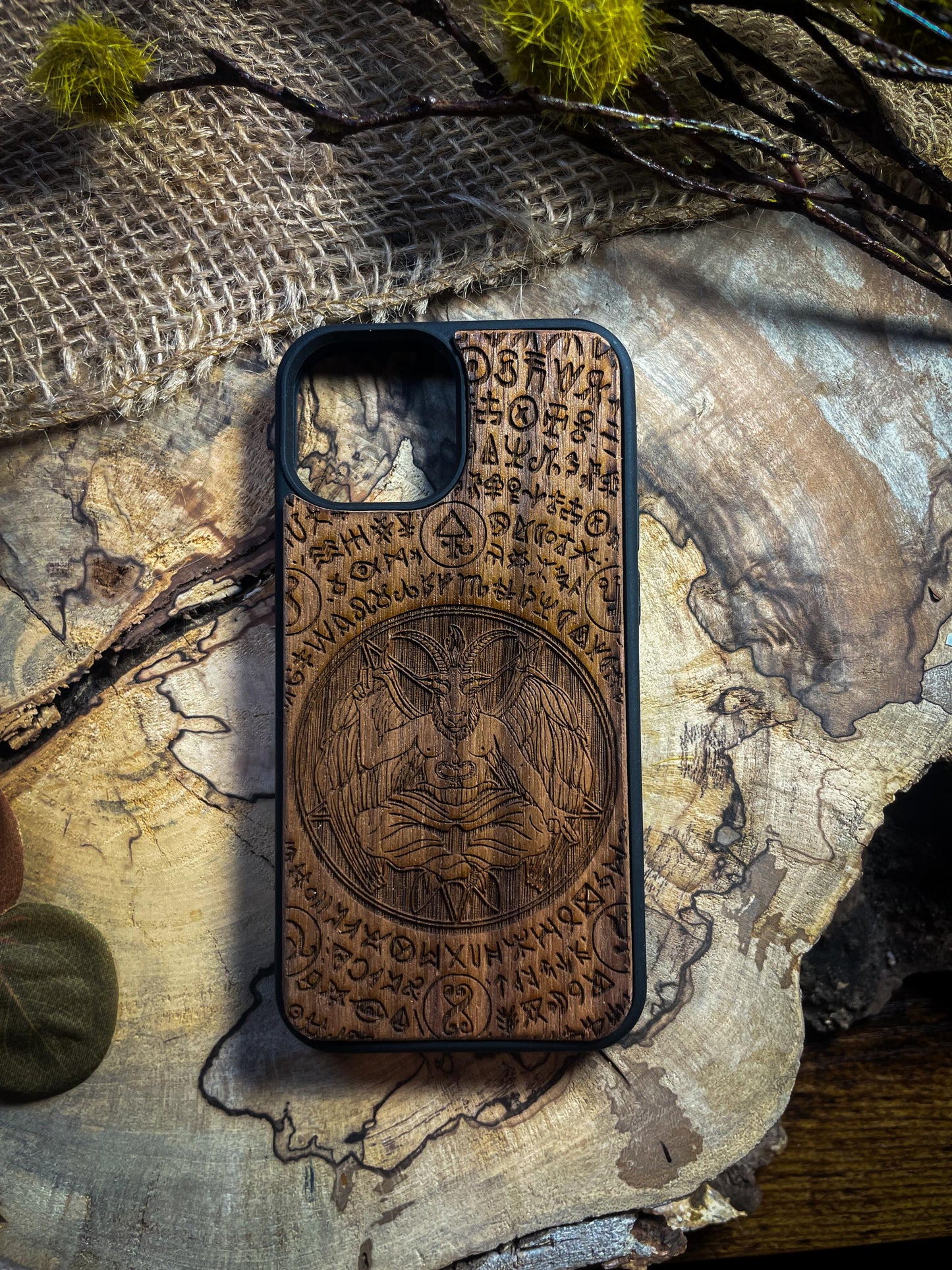 Baphomet Gothic Dark Goat Demon Wood Phone Case - Unique Artisan Design for iPhone, Samsung, and Google Pixel