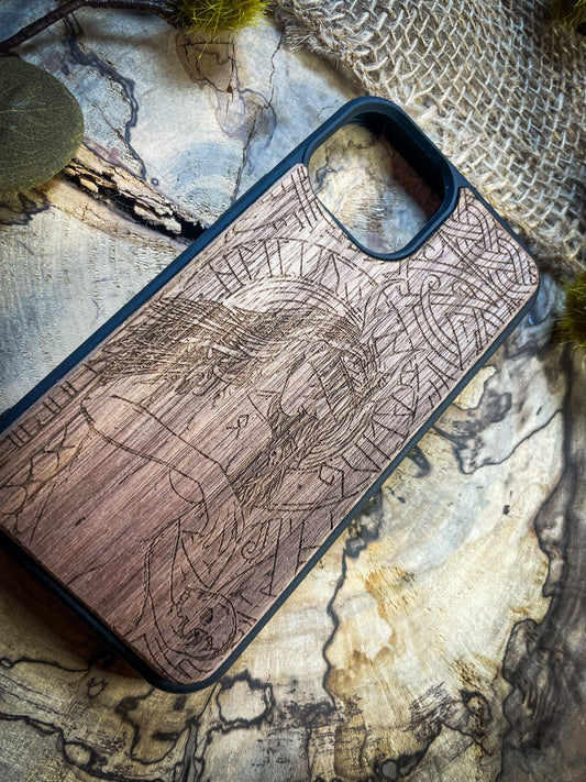 Viking Godess Compass Tree of life  Nordic Runes Symbol  Medieval mythology Vegvisir Wood Phone case for Samsung, Iphone and Google Pixel