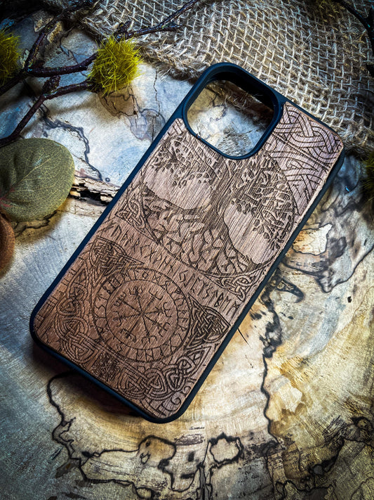 Viking Compass Tree of life  Nordic Runes Symbol  Medieval mythology Vegvisir Wood Phone case for Samsung, Iphone and Google Pixel SHOP APP