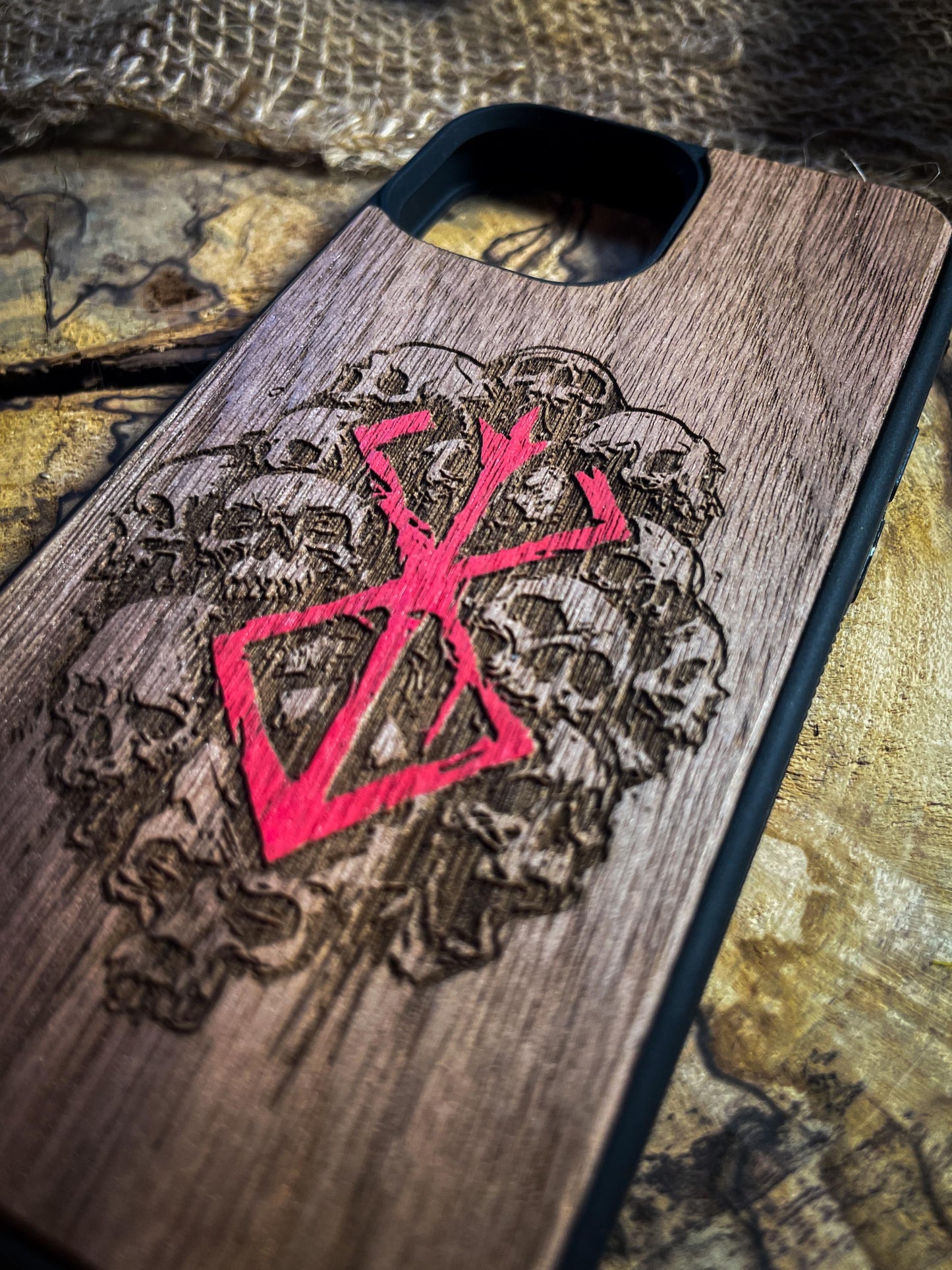 Dark Gothic Red Japanese Anime Demon Logo Wood Phone Case - Skull & Anime Inspired Design