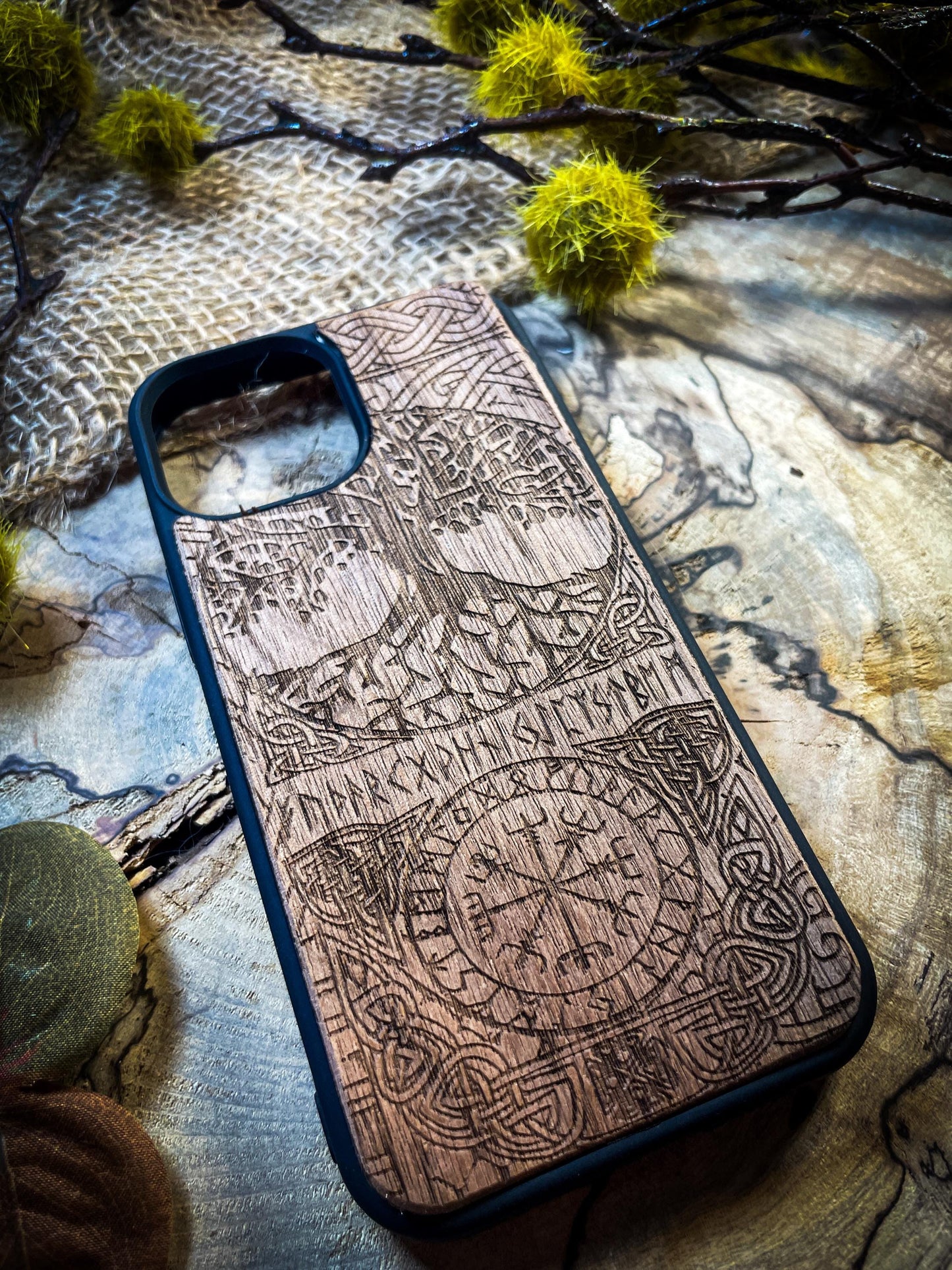 Viking Compass Tree of life  Nordic Runes Symbol  Medieval mythology Vegvisir Wood Phone case for Samsung, Iphone and Google Pixel