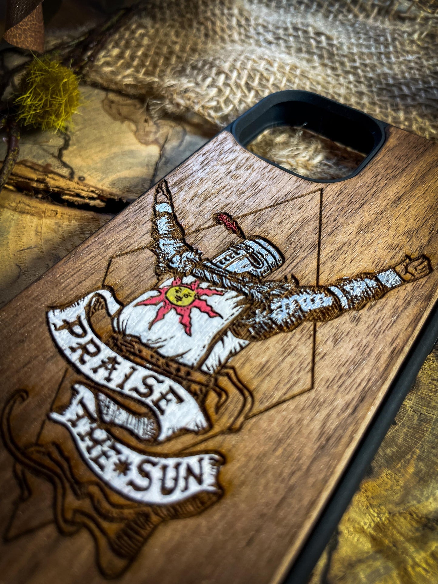 Praise the Sun Fantasy Inspired Wood Phone Case - '' Knight Design - iPhone 16 PRO MAX, Samsung S20 S21 S22 S23 S24 N ULTRA, Google Pixel