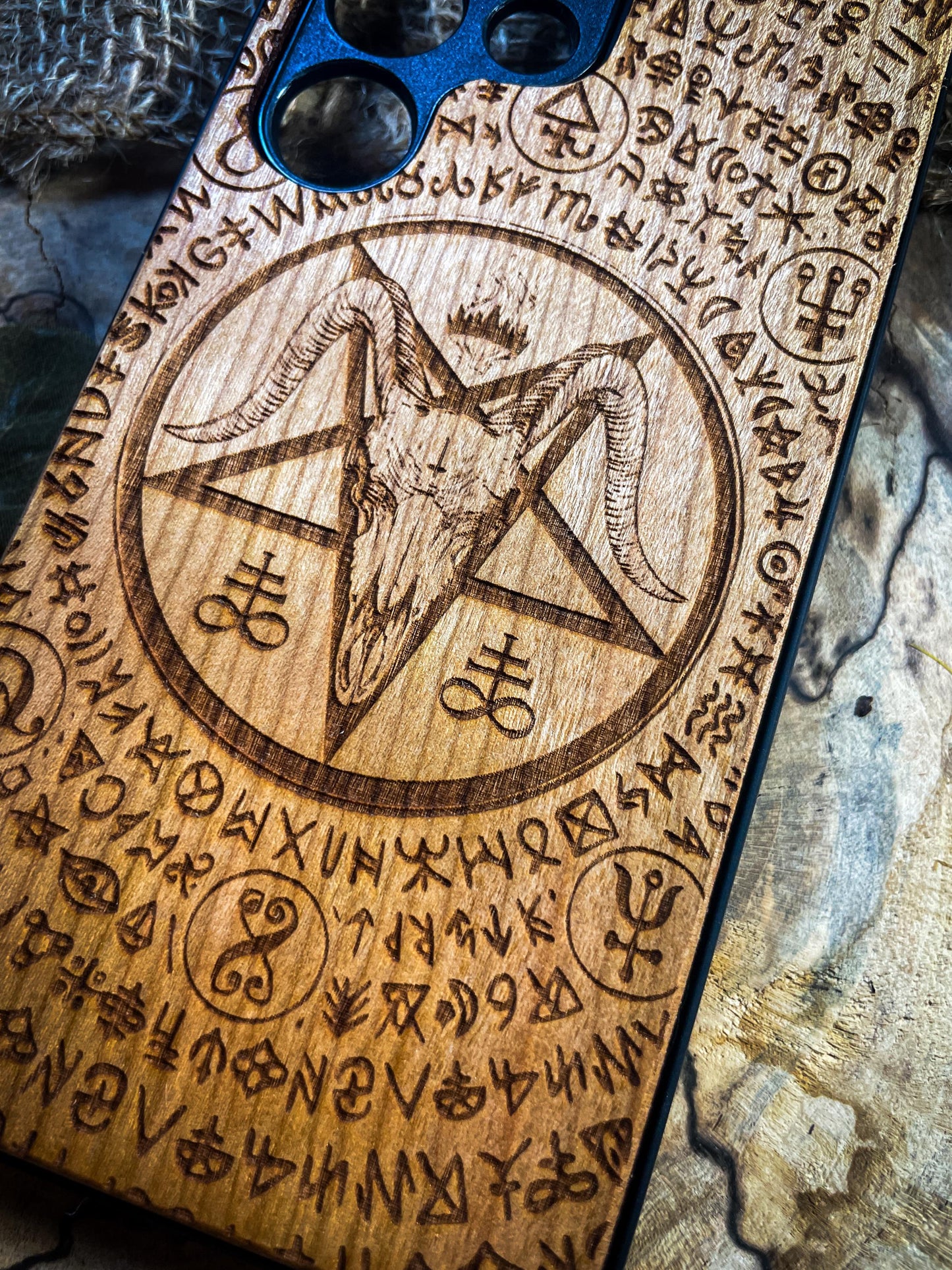 Baphomet Gothic Dark Goat Demon Wood Phone Case - Unique Artisan Design for iPhone, Samsung, and Google Pixel