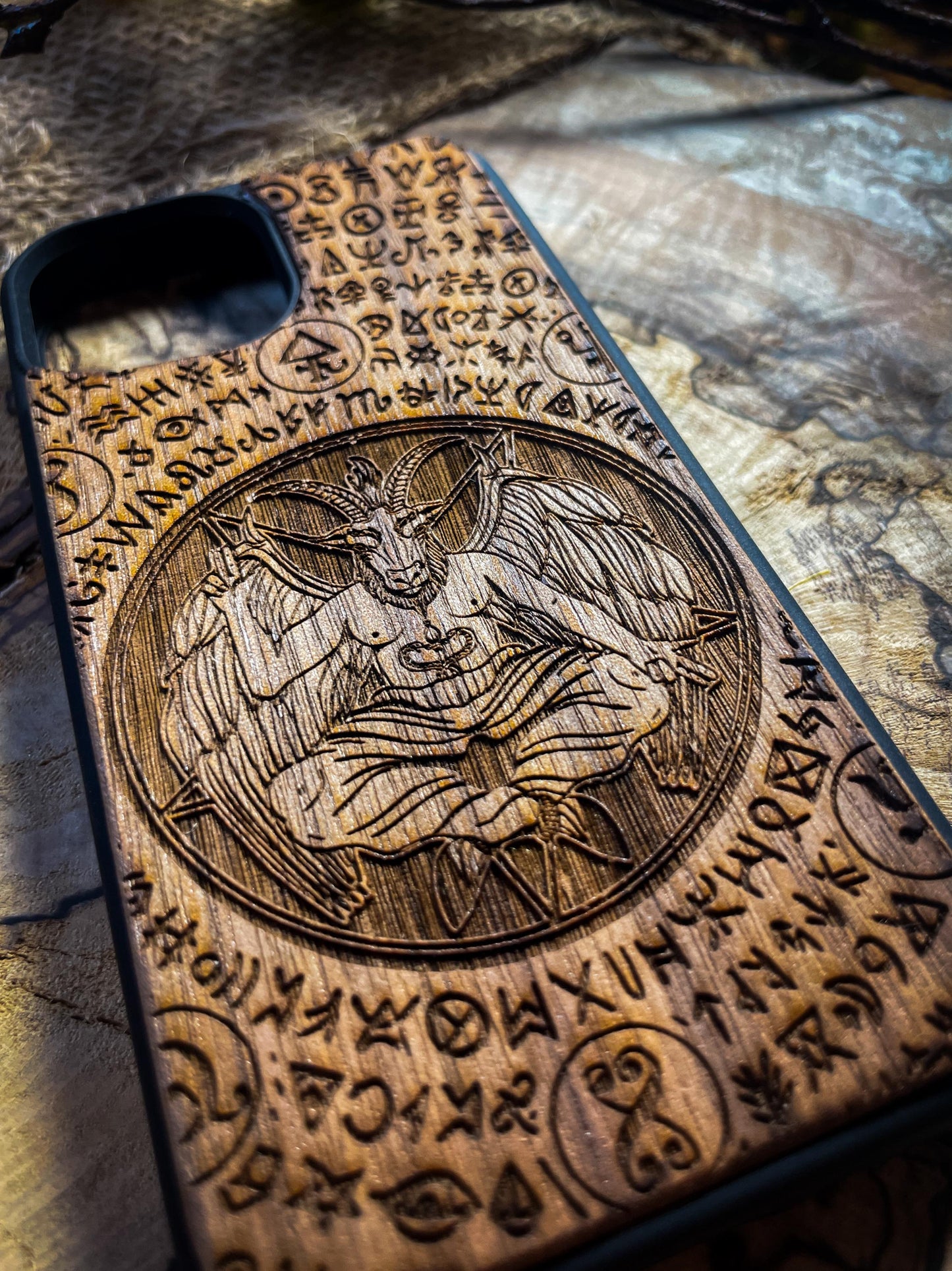 Baphomet Gothic Dark Goat Demon Wood Phone Case - Unique Artisan Design for iPhone, Samsung, and Google Pixel