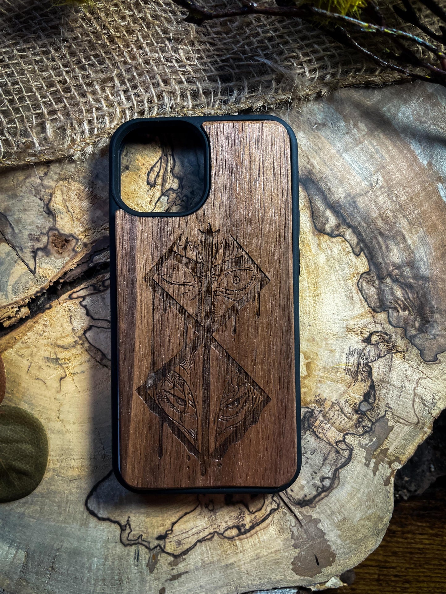 Dark Gothic Red Japanese Anime Demon Logo Wood Phone Case - Skull & Anime Inspired Design