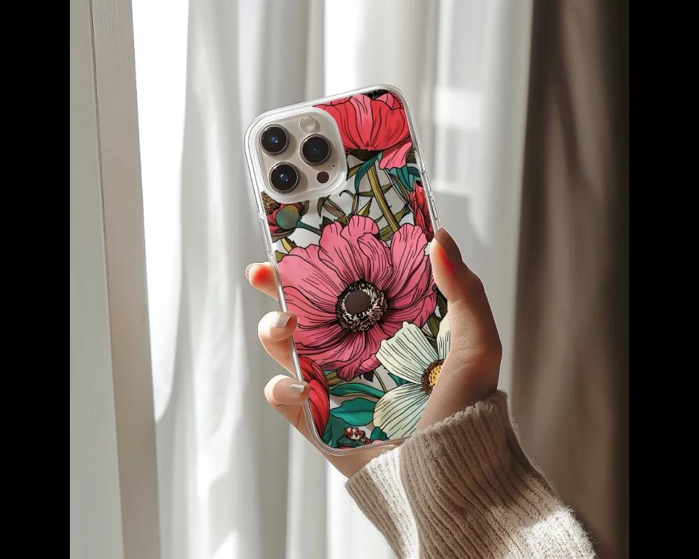 a woman holding a phone case with flowers on it