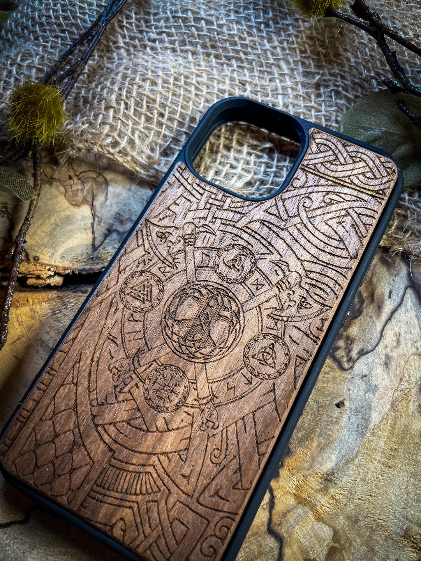 Viking Nordic Axe Runes Symbols Gold Hand painted Medieval mythology Vegvisir Wood Phone case for Samsung, Iphone and Google Pixel