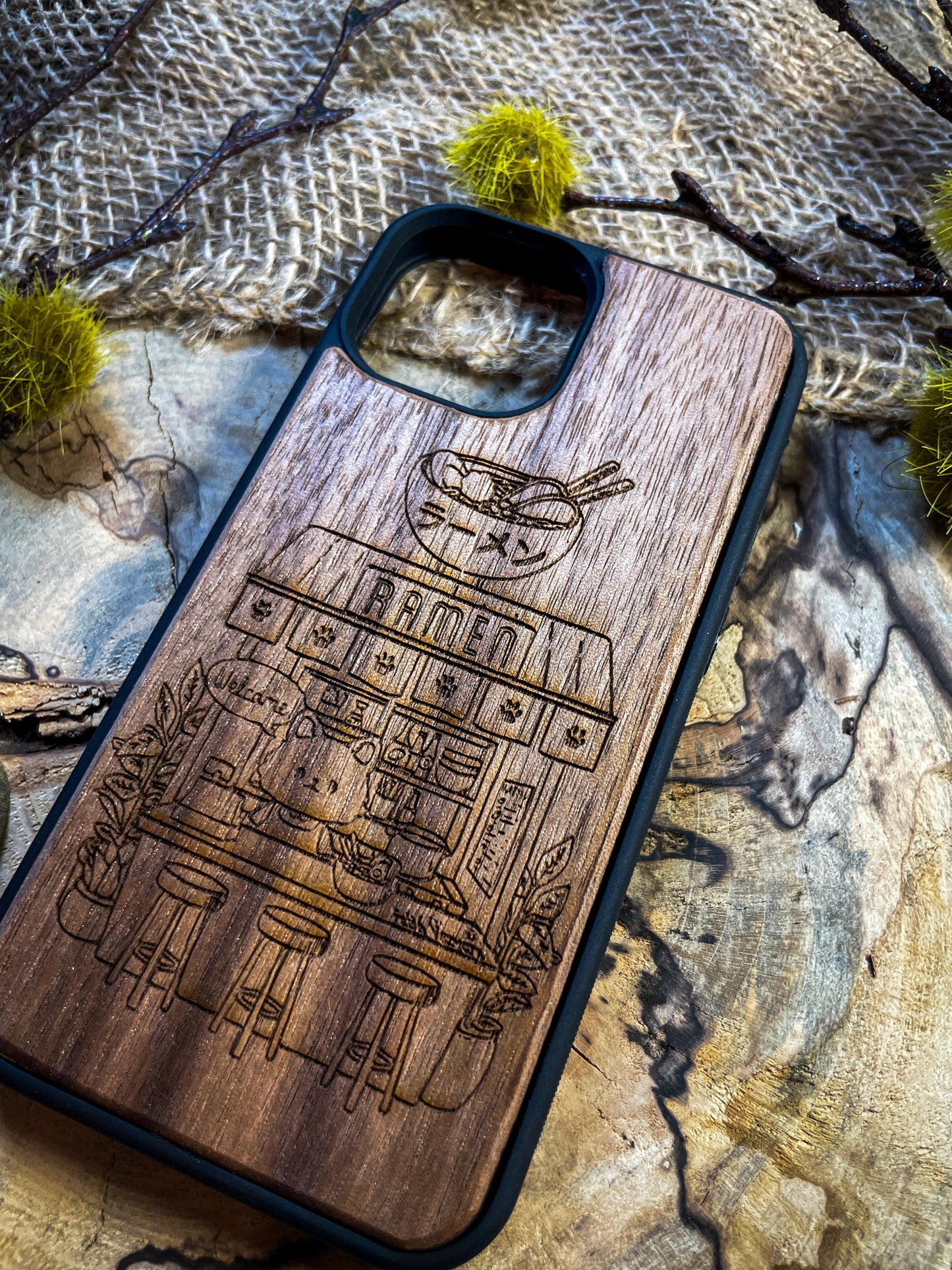 Cute Anime Animal Sushi Bar Wood Phone Case for iPhone, Samsung, and Google Pixel – Whimsical & Unique Design