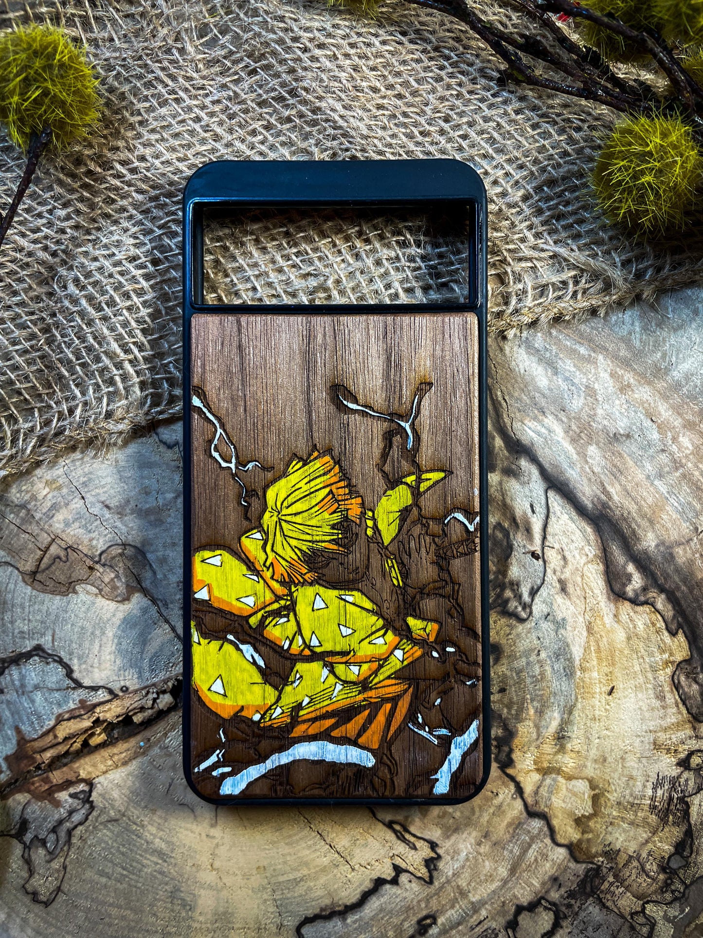 Thunder Samurai Demon Hunter Warrior Wood Phone Case for iPhone, Samsung, and Google Pixel – Inspired by Lightning-Fast Anime Heroes