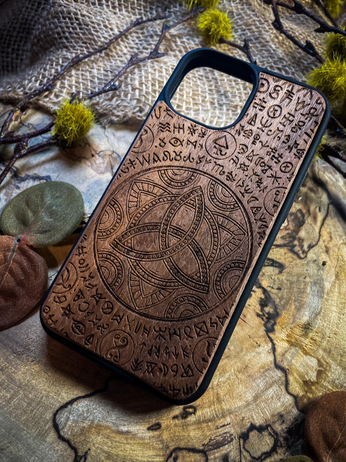 Triquetra symbolic Viking Nordic Runes Symbols Gold  Medieval mythology Vegvisir Wood Phone case for Samsung, Iphone and Google Pixel