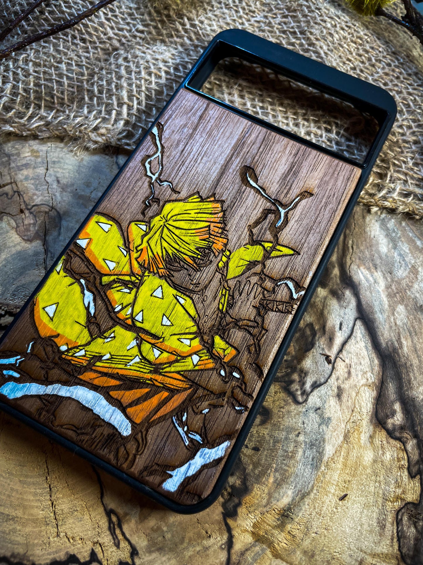 Thunder Samurai Demon Hunter Warrior Wood Phone Case for iPhone, Samsung, and Google Pixel – Inspired by Lightning-Fast Anime Heroes