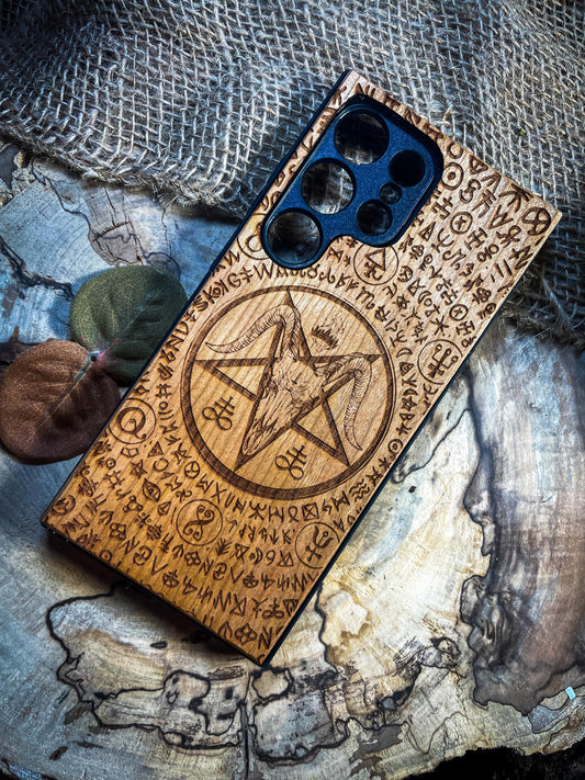 Baphomet Gothic Dark Goat Demon Wood Phone Case - Unique Artisan Design for iPhone, Samsung, and Google Pixel SHOP APP