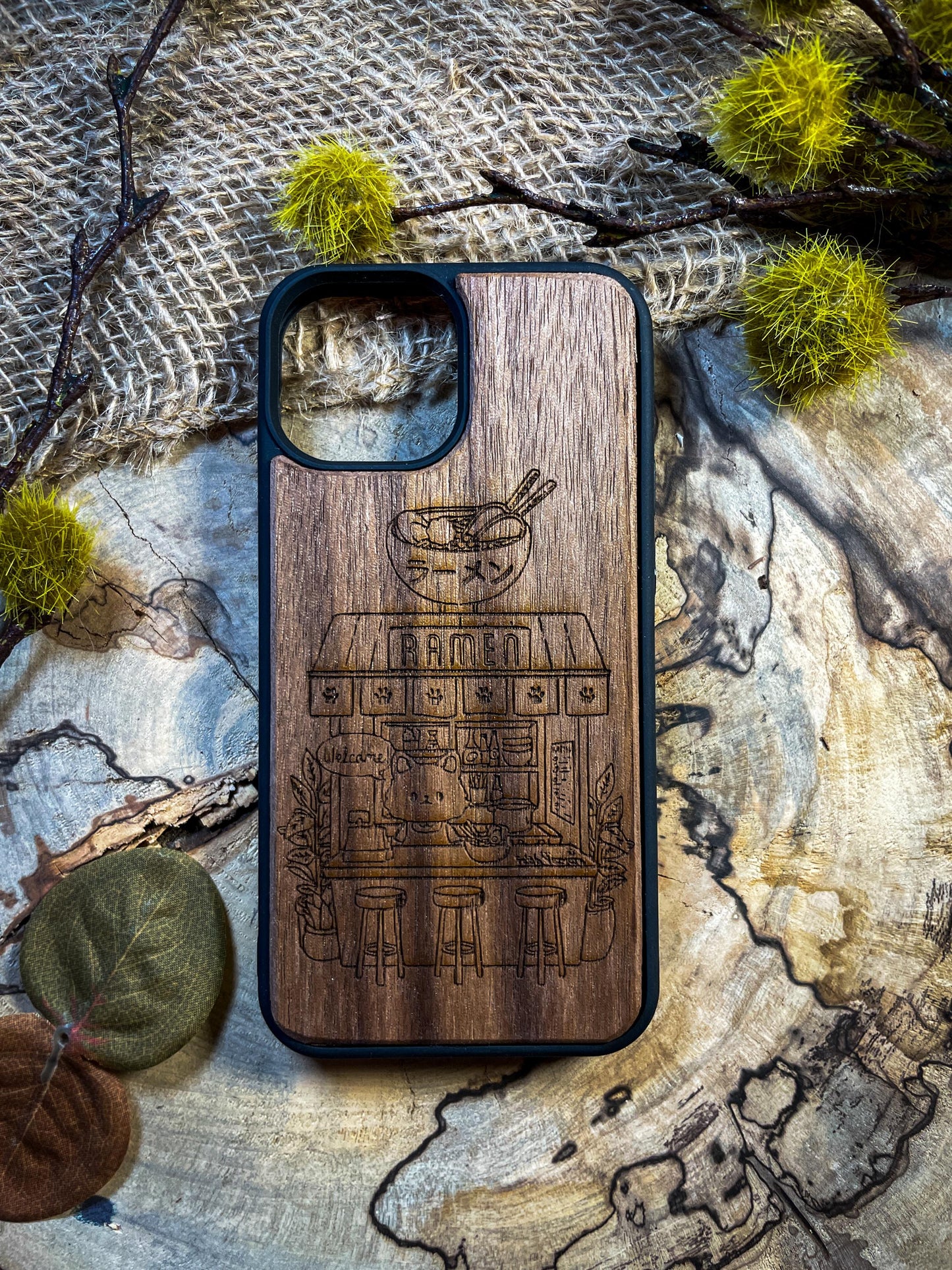 Cute Anime Animal Sushi Bar Wood Phone Case for iPhone, Samsung, and Google Pixel – Whimsical & Unique Design