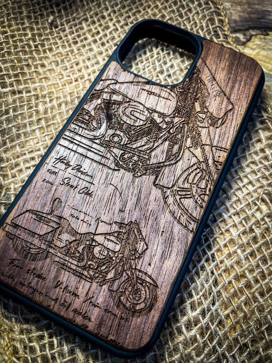 a wooden phone case with a picture of a motorcycle