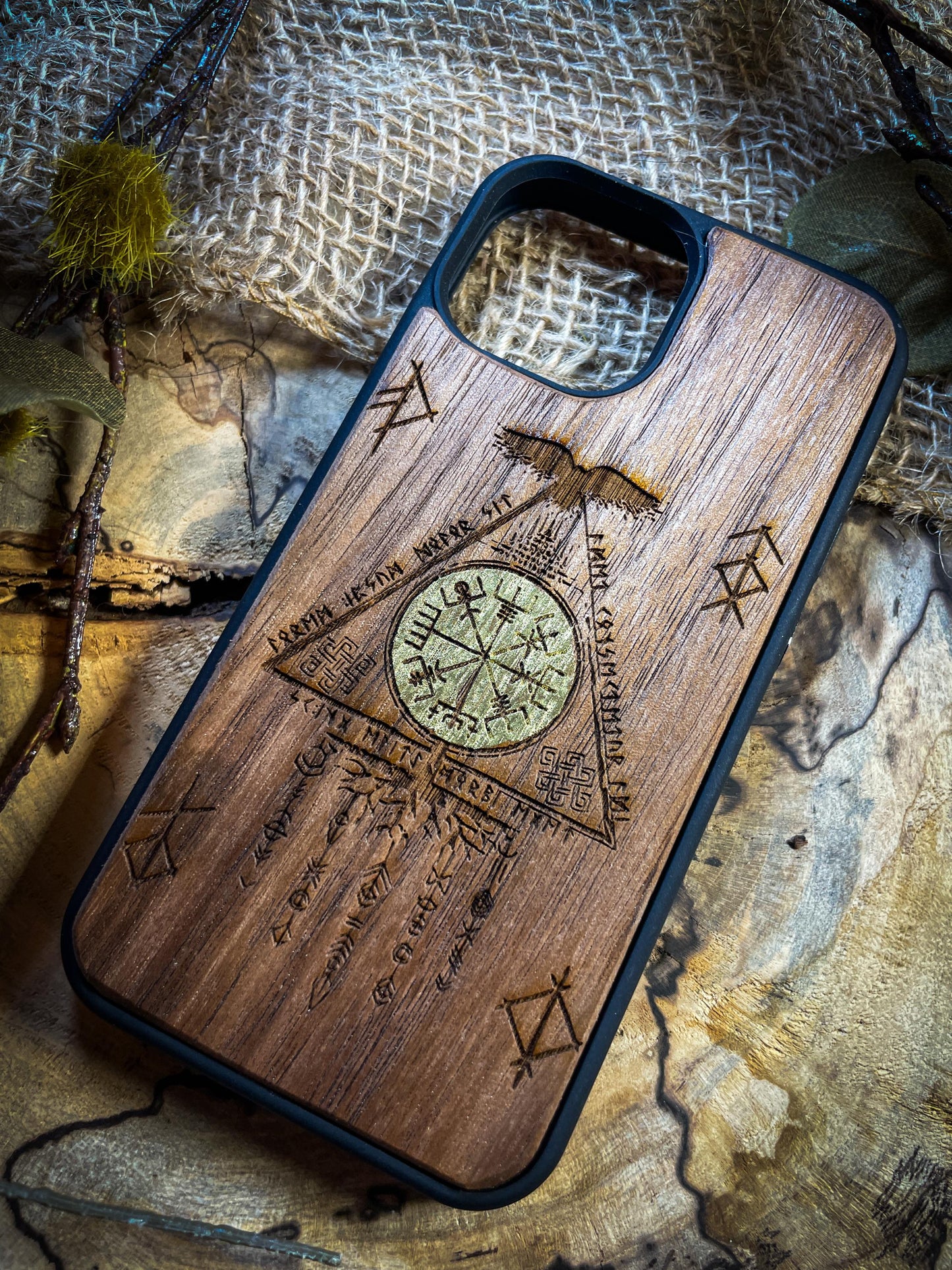 Viking Nordic Runes Symbols Gold Hand painted Medieval mythology Vegvisir Wood Phone case for Samsung, Iphone and Google Pixel